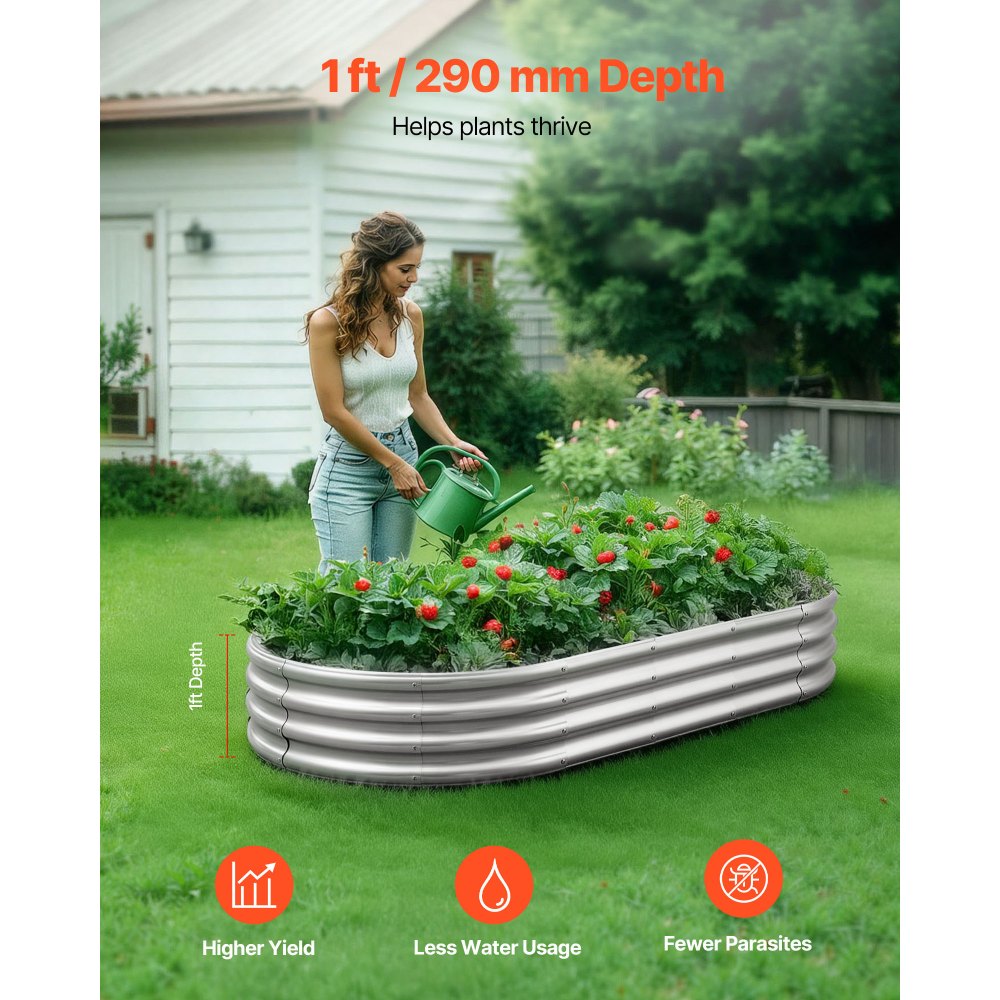 VEVOR Cama Elevada de Jardín 180 x 90 x 29 cm Ovalada, Arriate de Jardín de Metal con Fondo Abierto, para Cultivo de Flores Plantas Verduras con Accesorios para Patio, Balcón, Terraza, Plateado