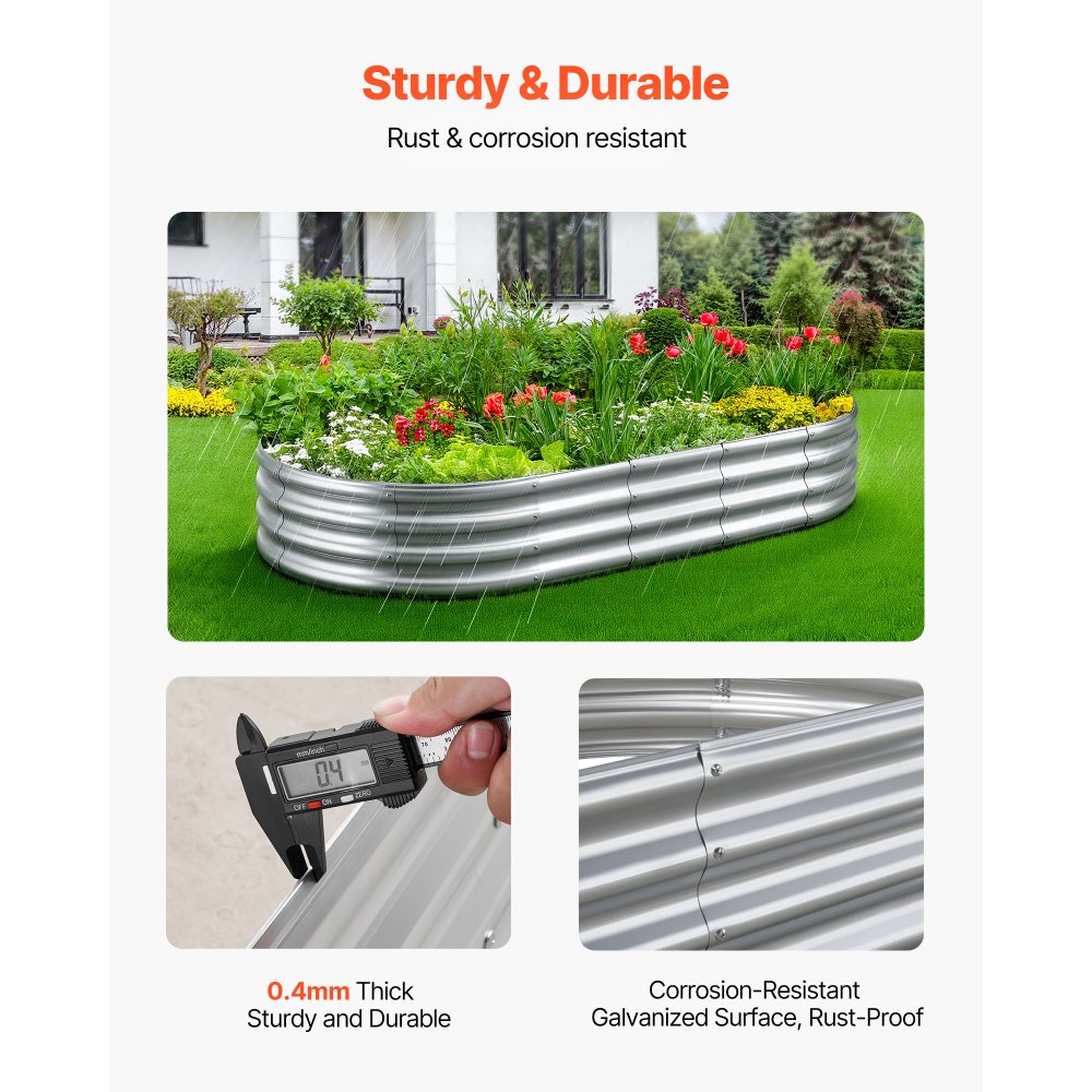 VEVOR Cama Elevada de Jardín 180 x 90 x 29 cm Ovalada, Arriate de Jardín de Metal con Fondo Abierto, para Cultivo de Flores Plantas Verduras con Accesorios para Patio, Balcón, Terraza, Plateado