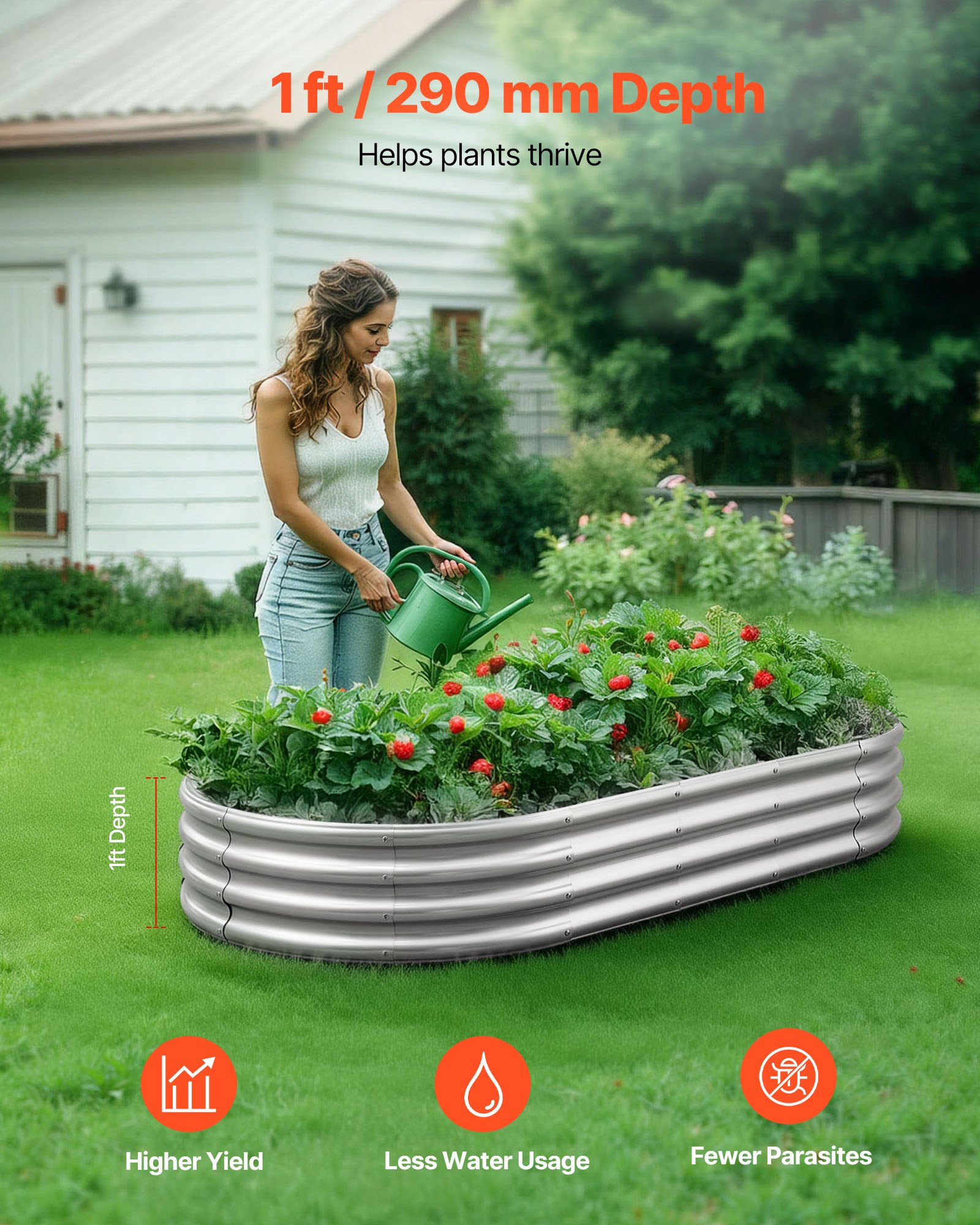 VEVOR Cama Elevada de Jardín 180 x 90 x 29 cm Ovalada, Arriate de Jardín de Metal con Fondo Abierto, para Cultivo de Flores Plantas Verduras con Accesorios para Patio, Balcón, Terraza, Plateado