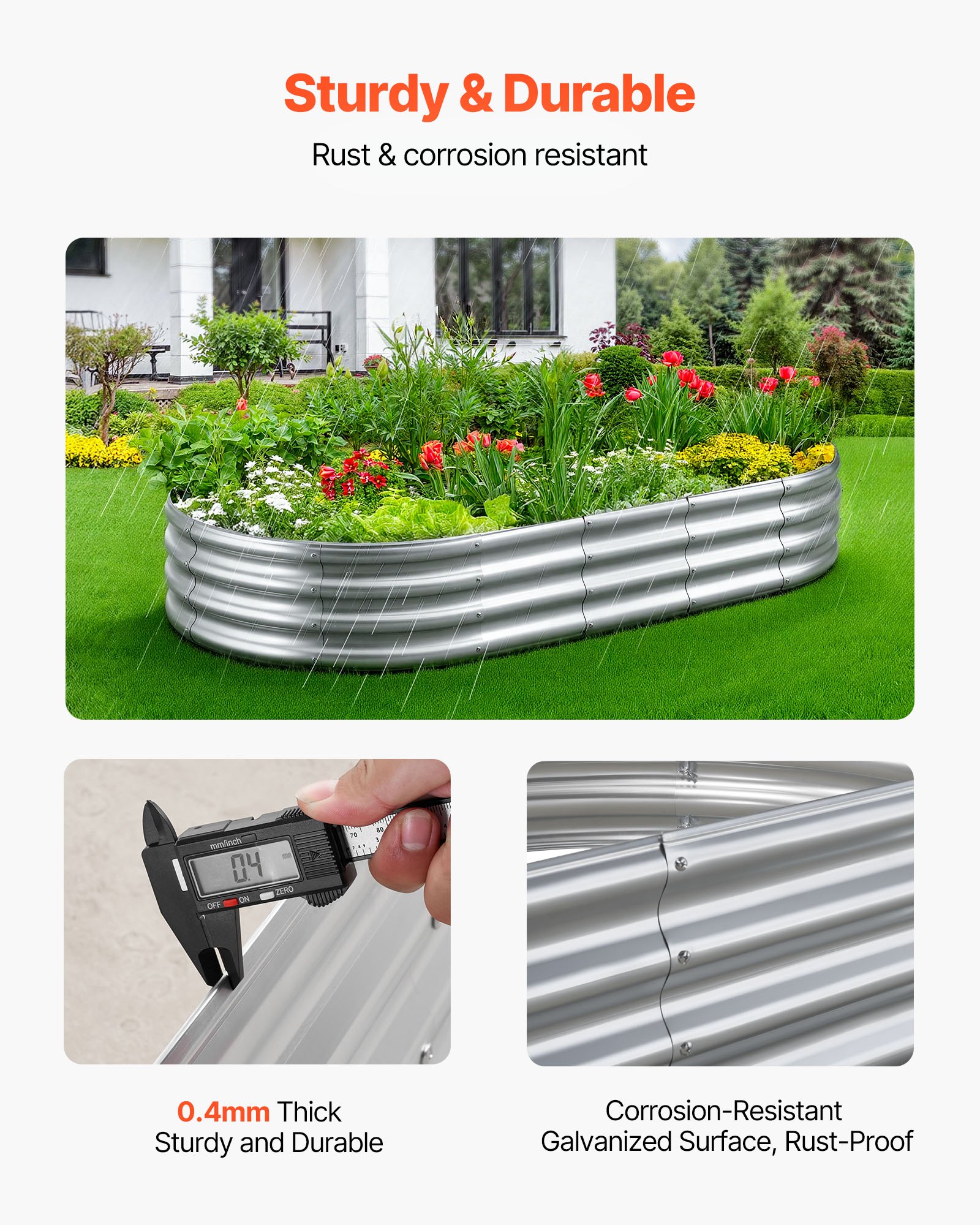 VEVOR Cama Elevada de Jardín 180 x 90 x 29 cm Ovalada, Arriate de Jardín de Metal con Fondo Abierto, para Cultivo de Flores Plantas Verduras con Accesorios para Patio, Balcón, Terraza, Plateado