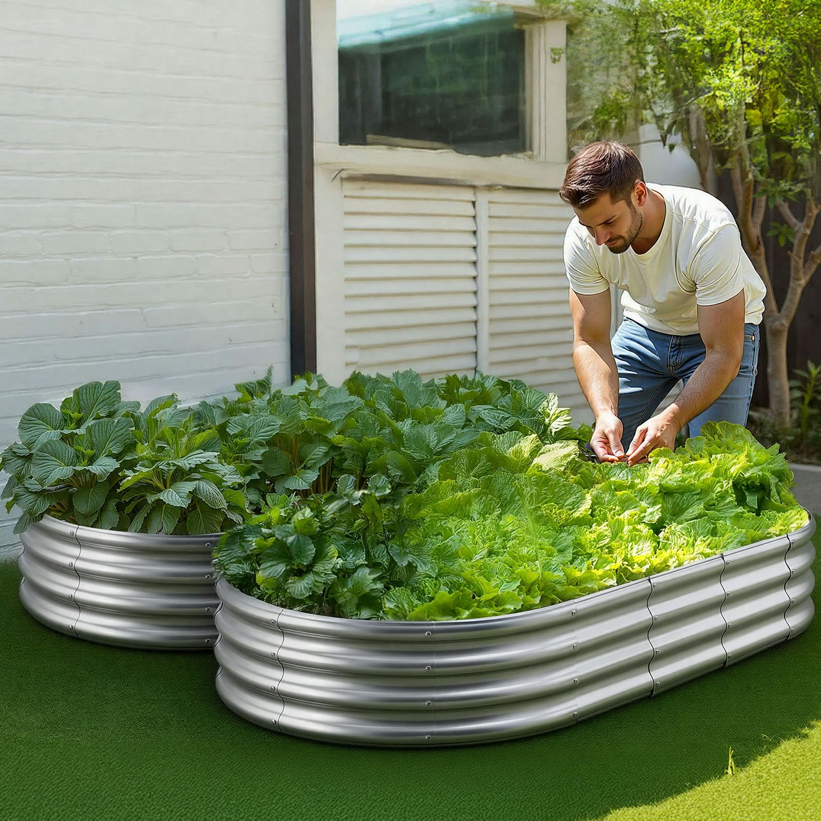 VEVOR Cama Elevada de Jardín 180 x 90 x 29 cm Ovalada, Arriate de Jardín de Metal con Fondo Abierto, para Cultivo de Flores Plantas Verduras con Accesorios para Patio, Balcón, Terraza, Plateado