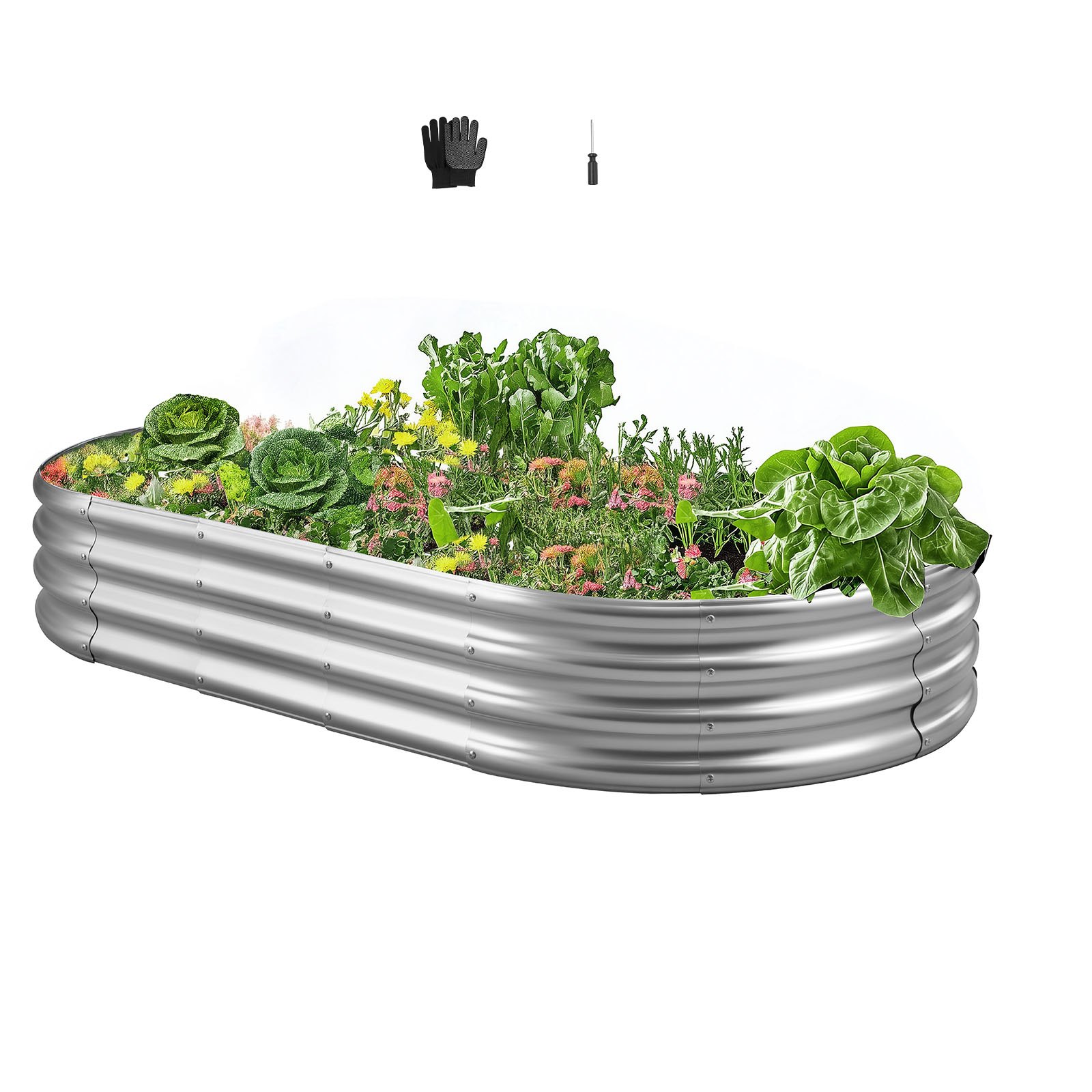 VEVOR Cama Elevada de Jardín 180 x 90 x 29 cm Ovalada, Arriate de Jardín de Metal con Fondo Abierto, para Cultivo de Flores Plantas Verduras con Accesorios para Patio, Balcón, Terraza, Plateado