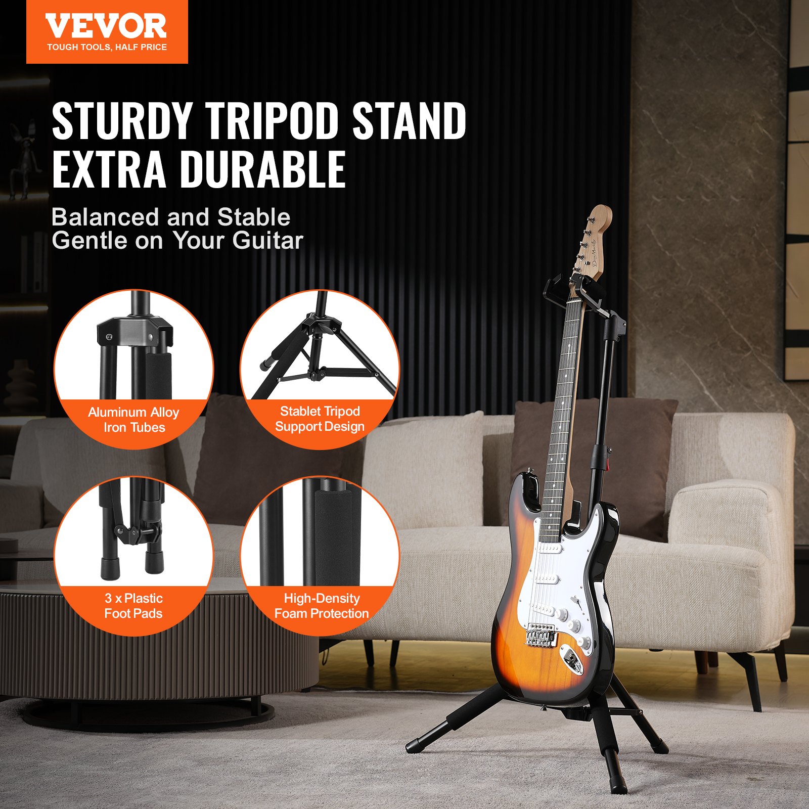 VEVOR Tripod Guitar Stand, 33 lbs/15 kg Load Capacity, Floor-Standing, Foldable Guitar Stand with 35.4-47.2 in/900-1200 mm Adjustable Height, for Guitar, Acoustic, Electric, Classical Bass