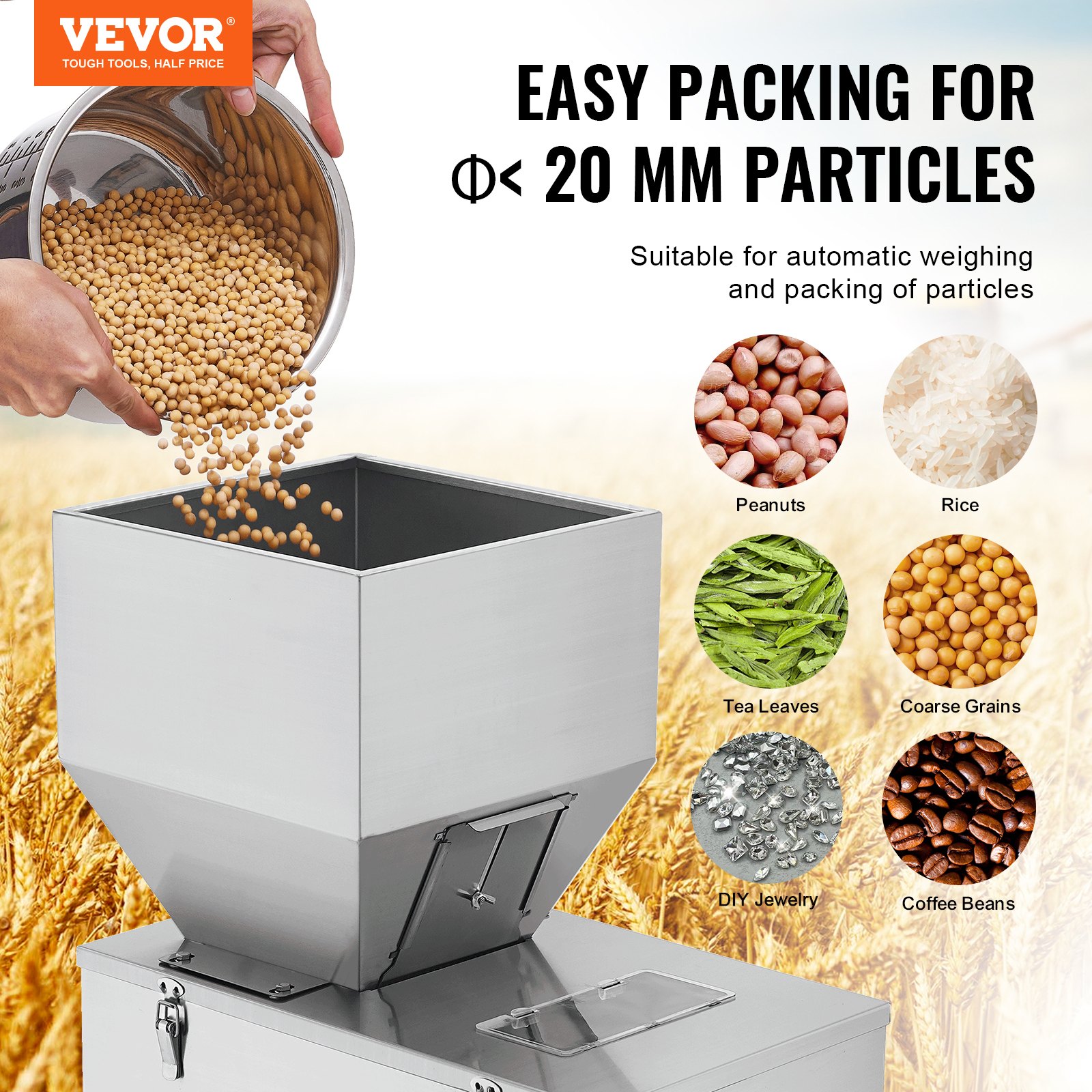VEVOR Máquina de llenado de partículas, 10-1000 g, Máquina de llenado automática con pedal, Llenadora de pesaje de acero inoxidable para frijoles, semillas, granos, té, embalaje granular