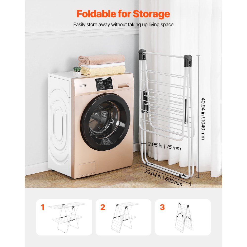 VEVOR Clothes Airer (2-Tier & Foldable) with Sock Clips & 31 Drying Bars, Height-Adjustable Metal Drying Rack, Freestanding & Space-Saving Clothes Hanger for Laundry Rooms, Balconies