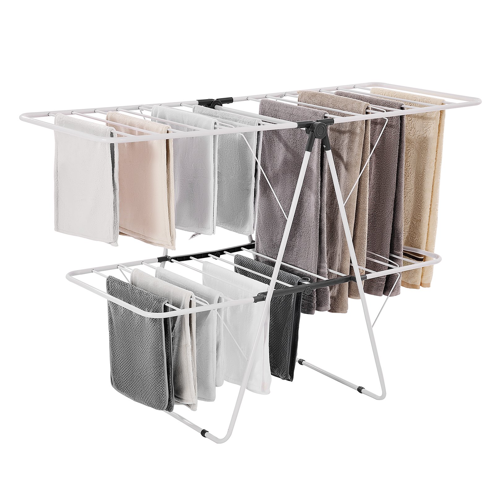 VEVOR Clothes Airer (2-Tier & Foldable) with Sock Clips & 31 Drying Bars, Height-Adjustable Metal Drying Rack, Freestanding & Space-Saving Clothes Hanger for Laundry Rooms, Balconies