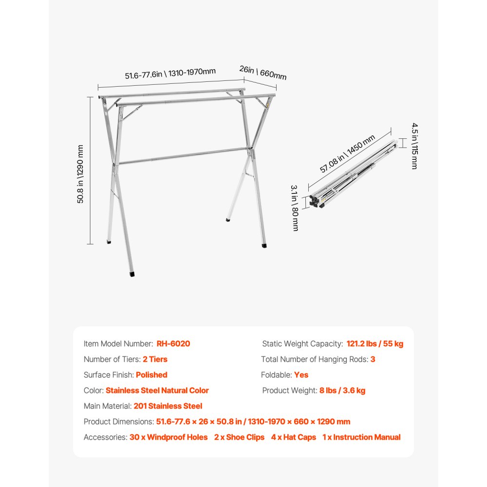 VEVOR Tendedero Plegable Extensible de Acero Inoxidable Tendedero de Ropa Vertical con 30 Orificios Resistentes al Viento y 2 Ganchos para Zapatos Independiente para Uso en Interiores y Exteriores