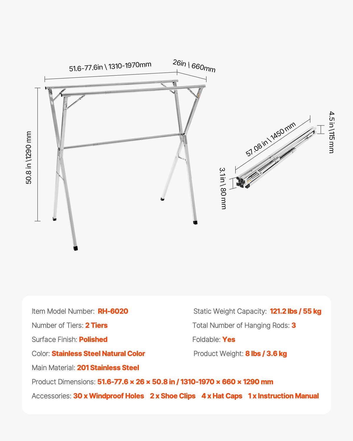 VEVOR Tendedero Plegable Extensible de Acero Inoxidable Tendedero de Ropa Vertical con 30 Orificios Resistentes al Viento y 2 Ganchos para Zapatos Independiente para Uso en Interiores y Exteriores