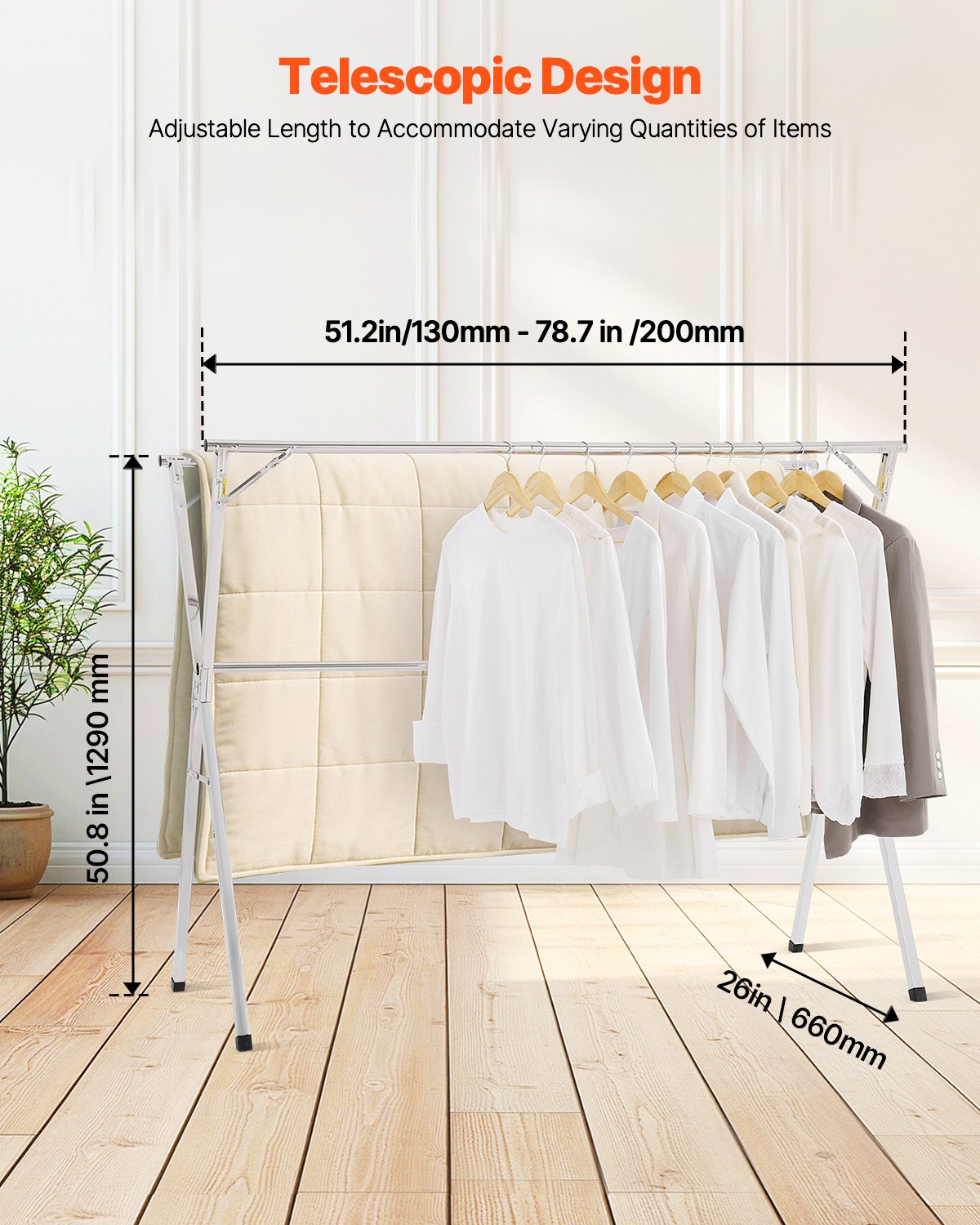 VEVOR 2-Tier Extendable Clothes Drying Rack (130-200 cm), Drying Rack with 30 Windproof Holes & 2 Shoe Hooks, Portable Clothes Hanger for Laundry Rooms, Balconies