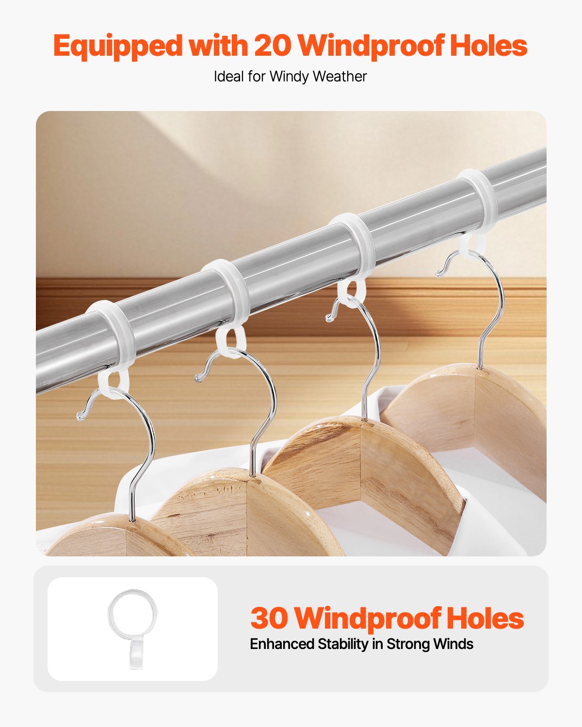 VEVOR 2-Tier Extendable Clothes Drying Rack (130-200 cm), Drying Rack with 30 Windproof Holes & 2 Shoe Hooks, Portable Clothes Hanger for Laundry Rooms, Balconies