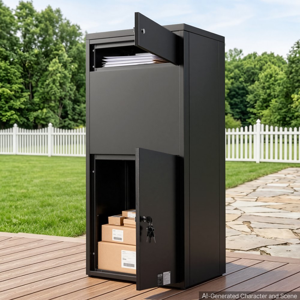 VEVOR Buzón para Paquetes de Exterior 505 x 400 x 1120 mm Caja de Metal, para Cartas, Revistas, Periódicos, Impermeable, con Mecanismo Antirrobo, Diseño Antivuelco, Kit de Montaje, Negro y Marrón