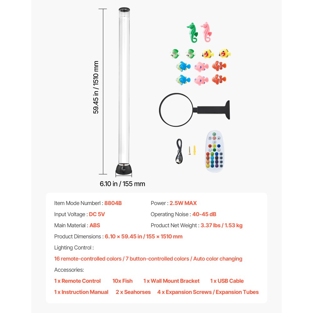 VEVOR Lámpara Sensorial de Burbujas 1,5 m 10 Peces Flotantes 16 Efectos de Color