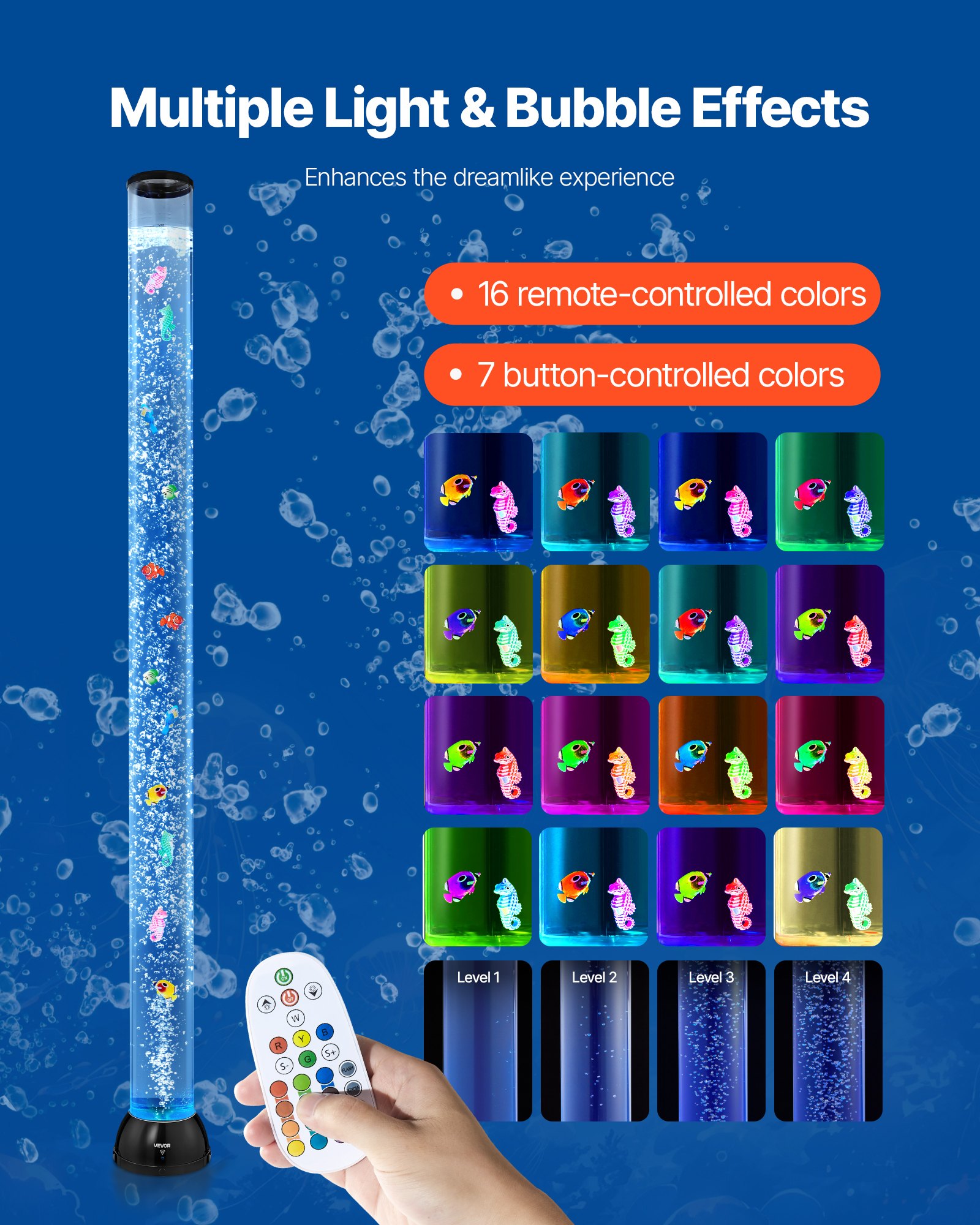 VEVOR Sensory Bubble Tube Lamp, 1.5 m Bubble Fish Tube, Sensory Aquarium Lamp with 10 Floating Fish & 16 Color Effects, Remote Control, Stress Relief Calming Light for Bedroom Living Room Home Decor