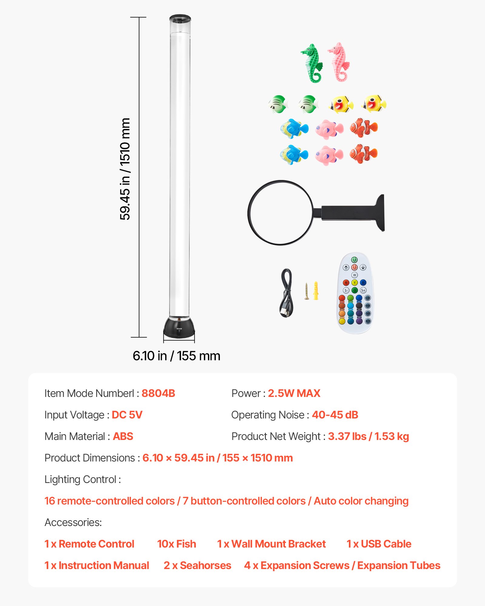 VEVOR Lámpara Sensorial de Burbujas 1,5 m 10 Peces Flotantes 16 Efectos de Color