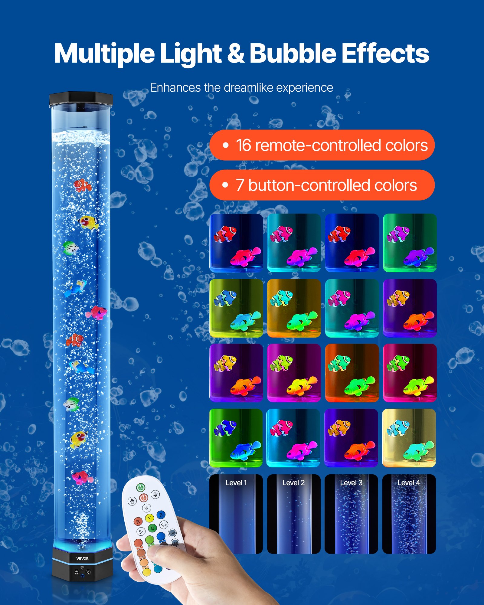 VEVOR Lámpara Sensorial de Burbujas, Tubo de Burbujas de 1 m Lámpara Sensorial para Acuario con 10 Peces Flotantes, 16 Efectos de Color y Control Remoto para Sala de Estar, Decoración del Hogar