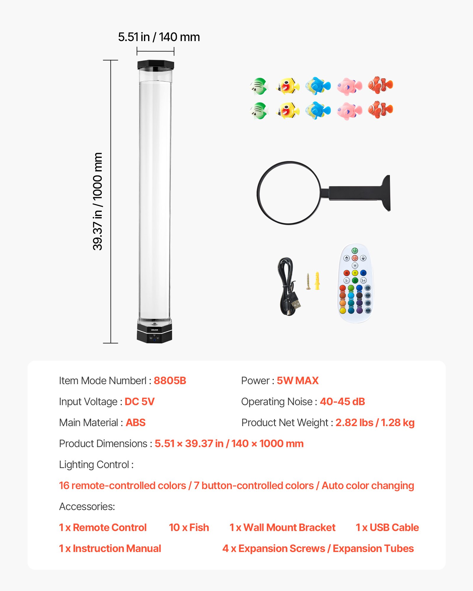 VEVOR Lámpara Sensorial de Burbujas, Tubo de Burbujas de 1 m Lámpara Sensorial para Acuario con 10 Peces Flotantes, 16 Efectos de Color y Control Remoto para Sala de Estar, Decoración del Hogar