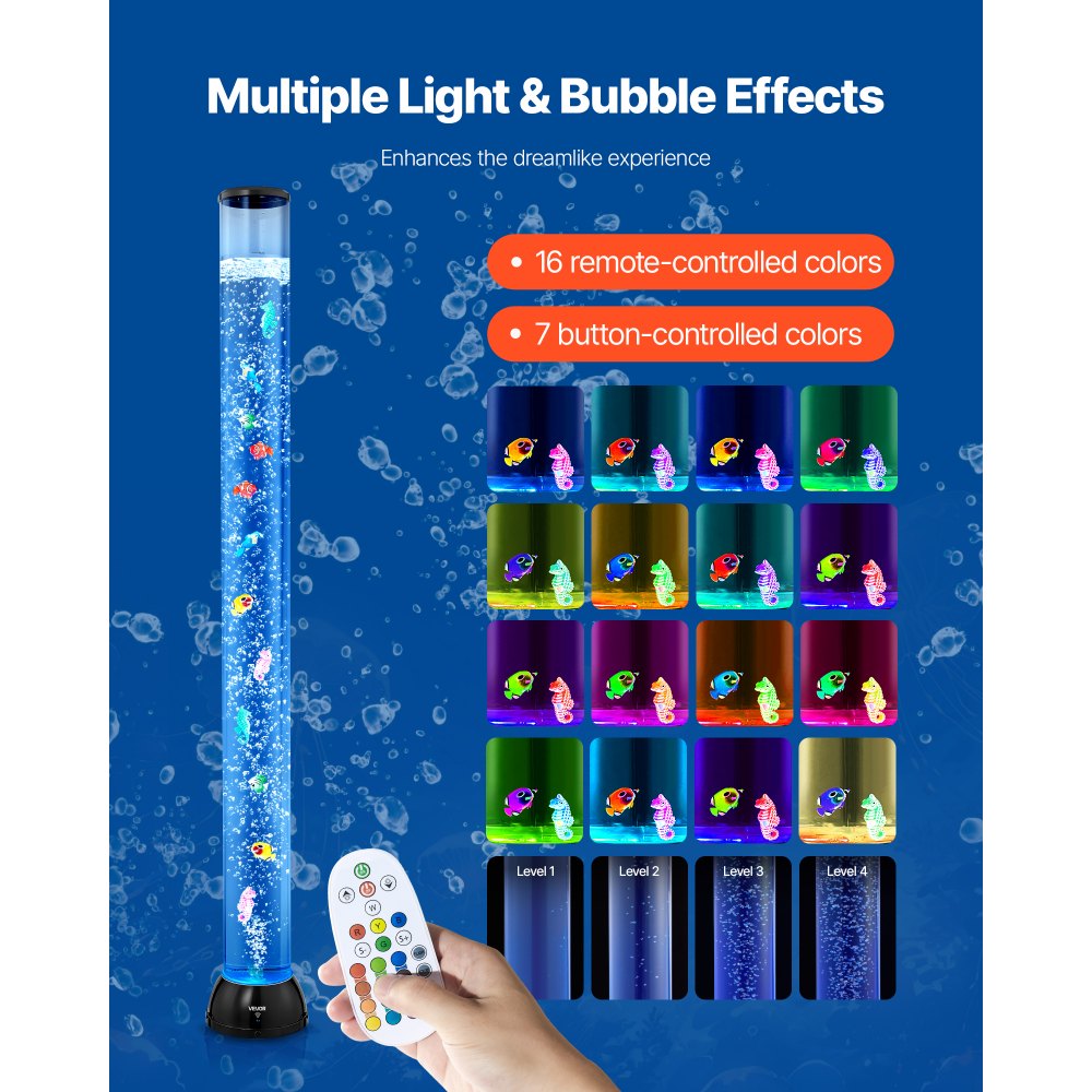 VEVOR Lámpara Sensorial de Burbujas, Tubo de Burbujas de 1,2 m Lámpara Sensorial para Acuario con 10 Peces Flotantes, 16 Efectos de Color y Control Remoto para Sala de Estar, Decoración del Hogar