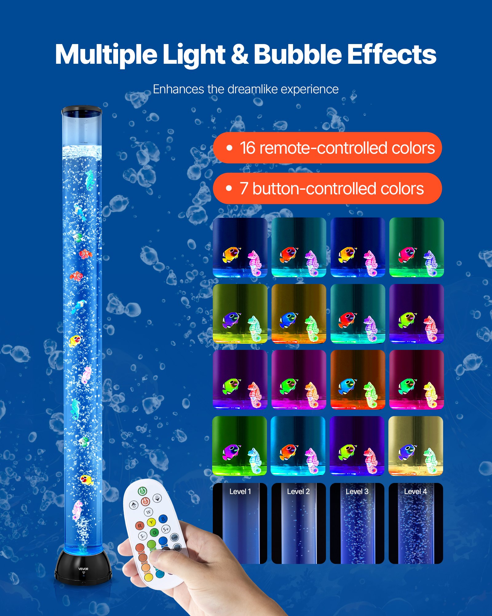 VEVOR Lámpara Sensorial de Burbujas, Tubo de Burbujas de 1,2 m Lámpara Sensorial para Acuario con 10 Peces Flotantes, 16 Efectos de Color y Control Remoto para Sala de Estar, Decoración del Hogar