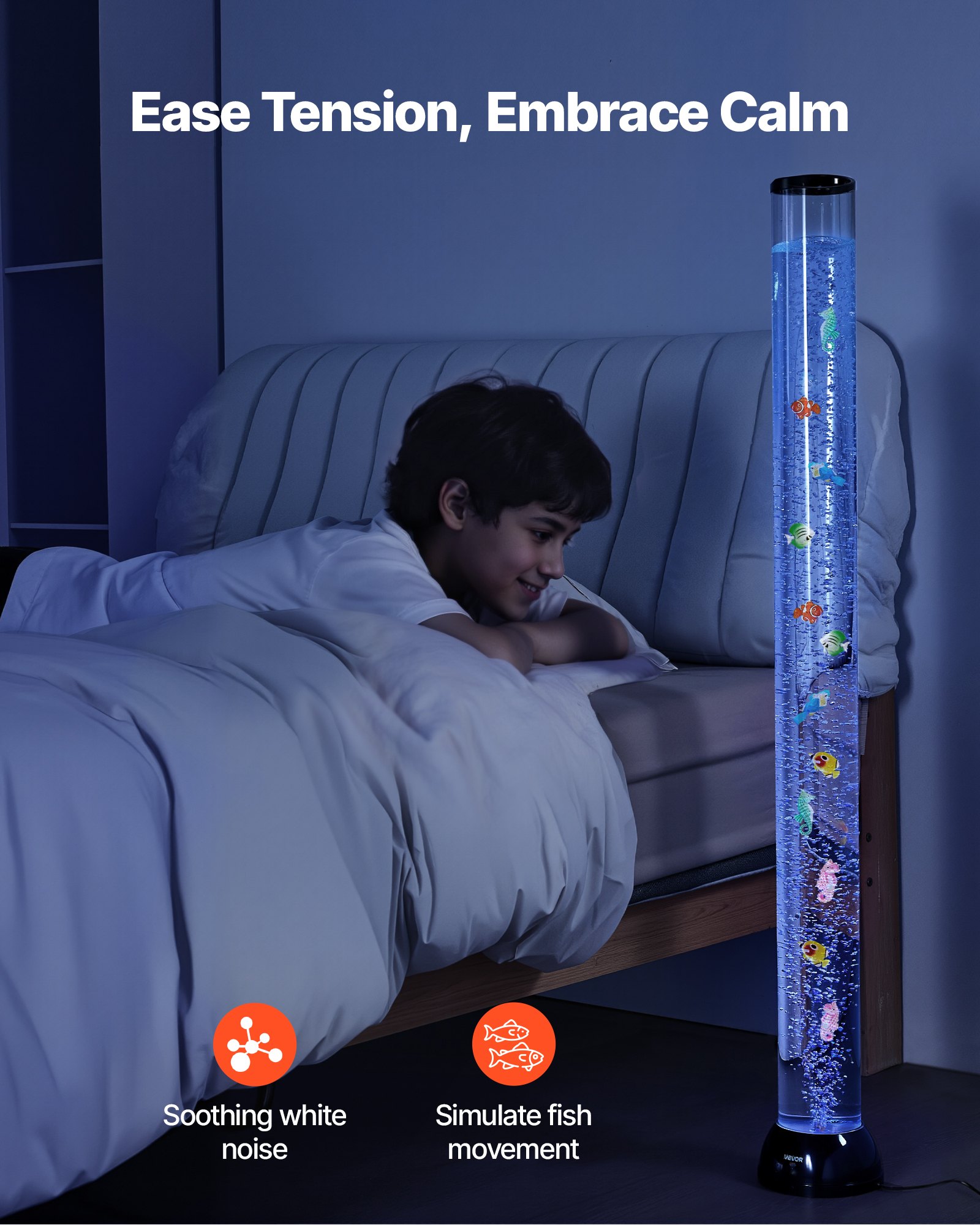 VEVOR Lámpara Sensorial de Burbujas, Tubo de Burbujas de 1,2 m Lámpara Sensorial para Acuario con 10 Peces Flotantes, 16 Efectos de Color y Control Remoto para Sala de Estar, Decoración del Hogar