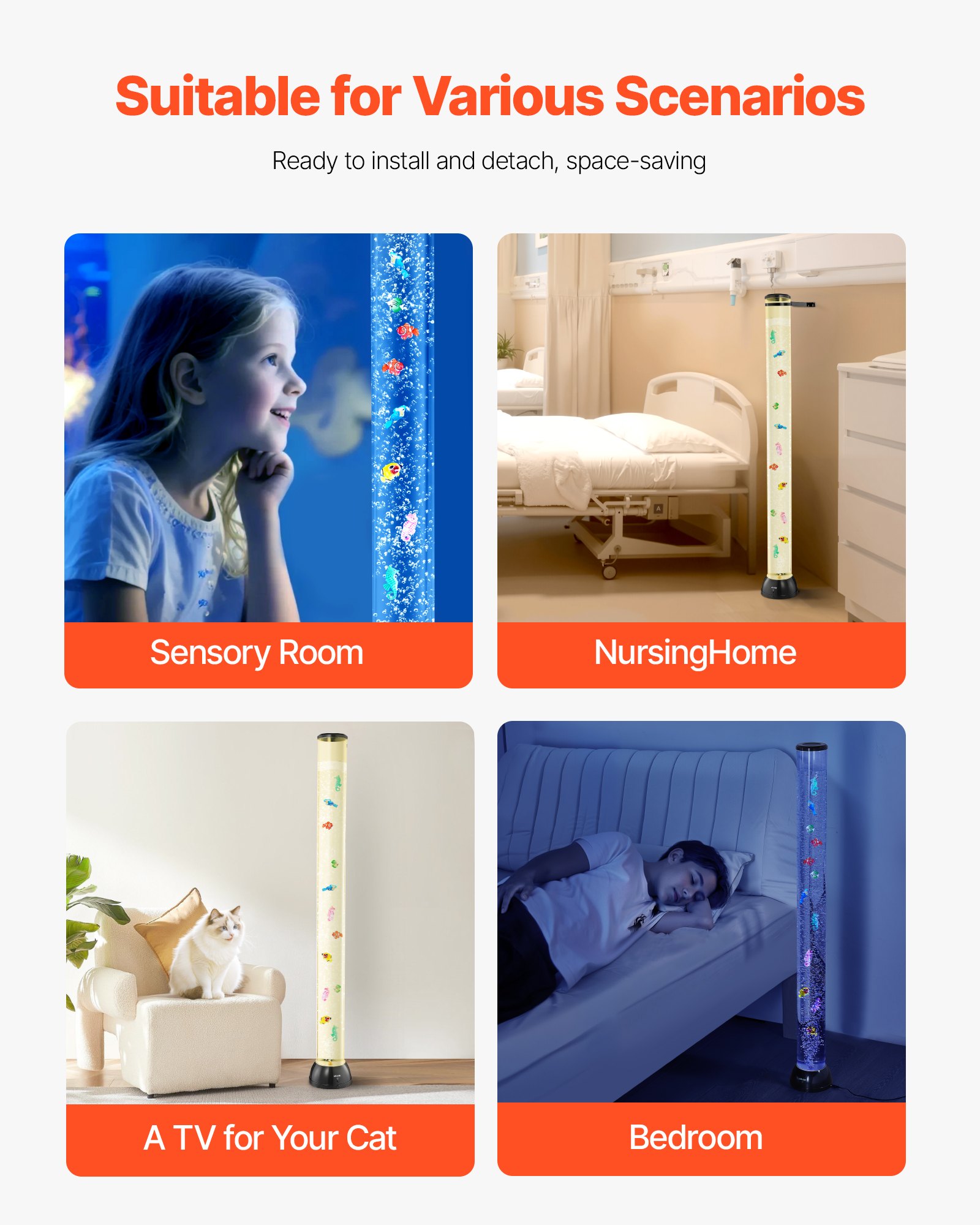 VEVOR Lámpara Sensorial de Burbujas, Tubo de Burbujas de 1,2 m Lámpara Sensorial para Acuario con 10 Peces Flotantes, 16 Efectos de Color y Control Remoto para Sala de Estar, Decoración del Hogar