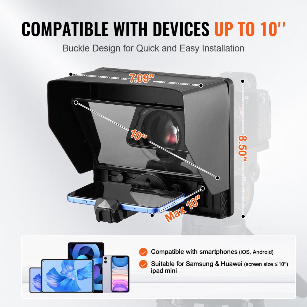 VEVOR Teleprompter de Aleación de Aluminio de 25,4cm Apuntador con Espectroscopio Ajustable, Control Remoto, Compatible con DSLR/Webcam/Teléfono Inteligente para Grabación de Video/Transmisión en Vivo