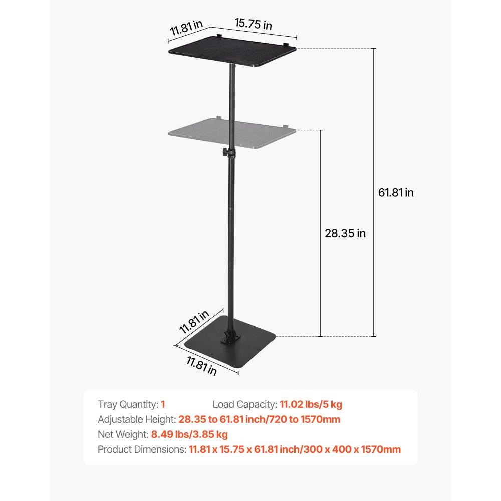 VEVOR Soporte Proyector Suelo Portátil, Altura Ajustable desde 720 a 1570 mm, 360° Rotación, Carga 5 kg, Compatible con Portátiles y Micrófonos para Reuniones Casa Oficina Cine al Aire Libre Escenario