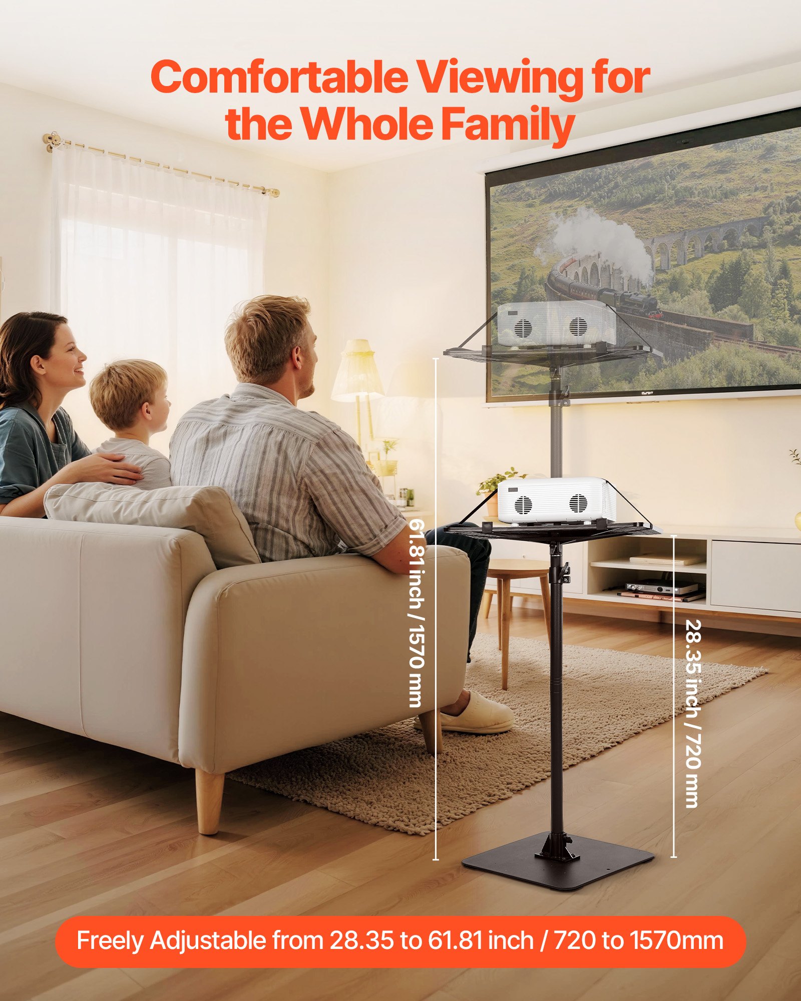 VEVOR Soporte Proyector Suelo Portátil, Altura Ajustable desde 720 a 1570 mm, 360° Rotación, Carga 5 kg, Compatible con Portátiles y Micrófonos para Reuniones Casa Oficina Cine al Aire Libre Escenario