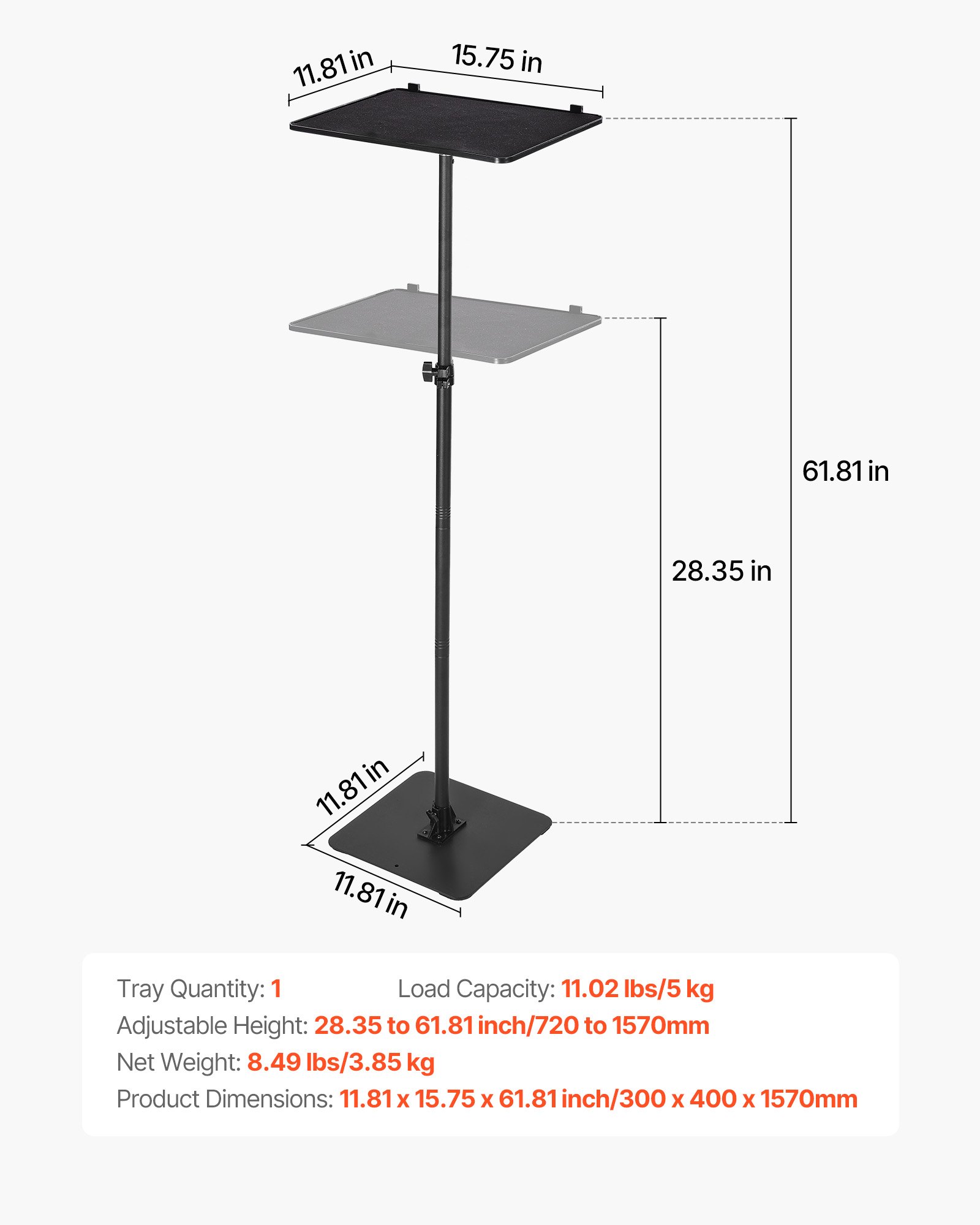 VEVOR Soporte Proyector Suelo Portátil, Altura Ajustable desde 720 a 1570 mm, 360° Rotación, Carga 5 kg, Compatible con Portátiles y Micrófonos para Reuniones Casa Oficina Cine al Aire Libre Escenario