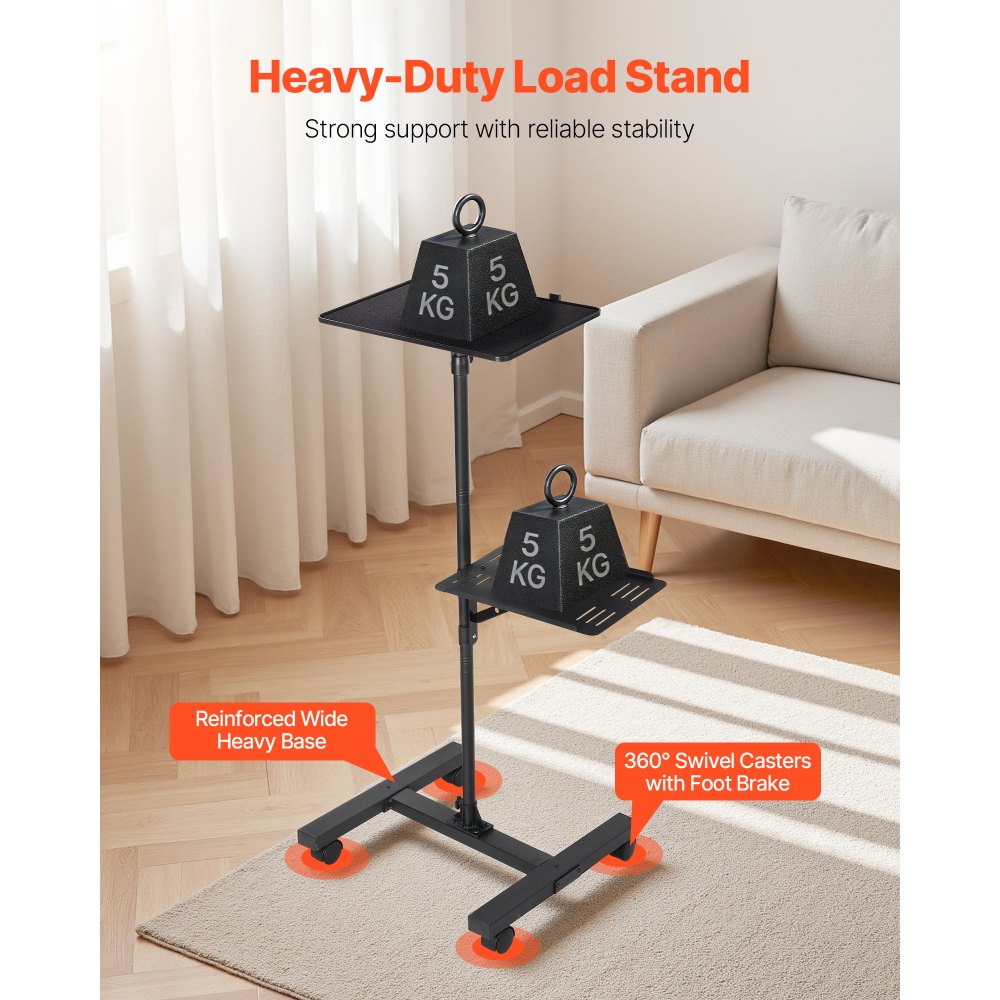 VEVOR Soporte Proyector Suelo Portátil, Altura Ajustable desde 860 a 1360 mm, con 2 Bandejas de Carga 5 kg, 360° Rotación, Compatible con Portátiles y Micrófonos, para Casa Oficina Escenario Reuniones