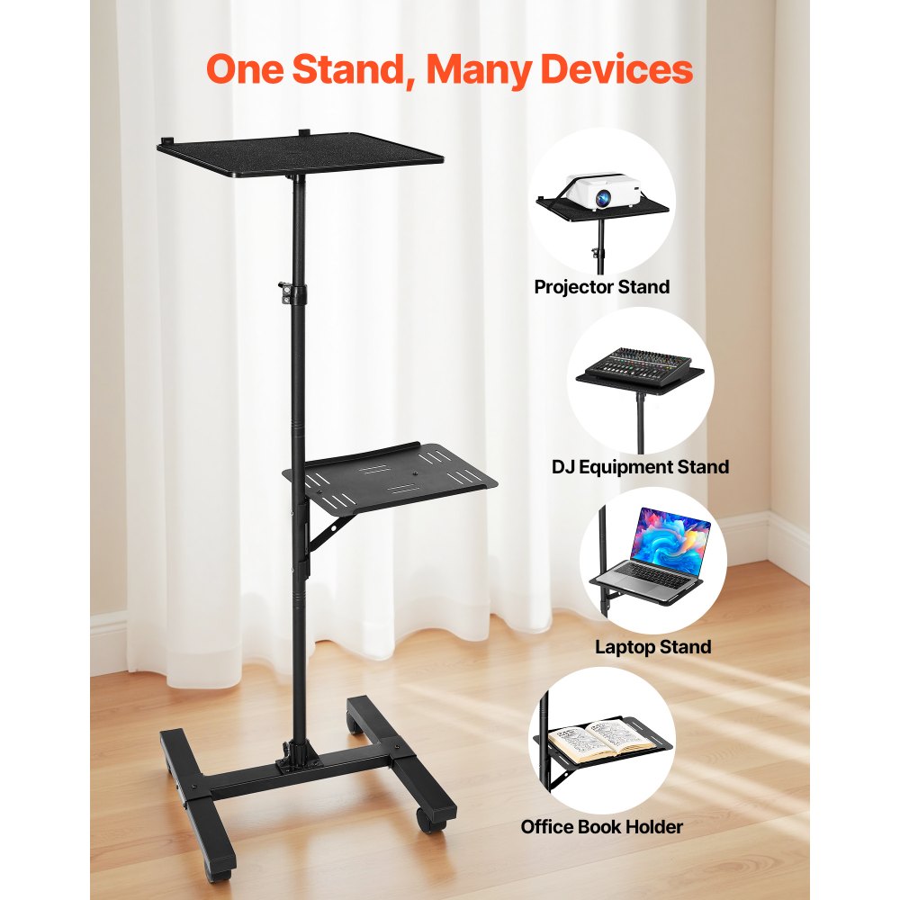 VEVOR Soporte Proyector Suelo Portátil, Altura Ajustable desde 860 a 1360 mm, con 2 Bandejas de Carga 5 kg, 360° Rotación, Compatible con Portátiles y Micrófonos, para Casa Oficina Escenario Reuniones