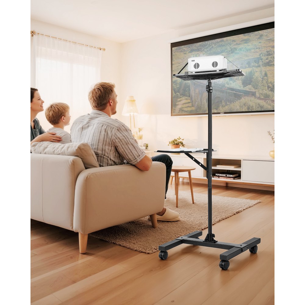 VEVOR Soporte Proyector Suelo Portátil, Altura Ajustable desde 860 a 1360 mm, con 2 Bandejas de Carga 5 kg, 360° Rotación, Compatible con Portátiles y Micrófonos, para Casa Oficina Escenario Reuniones