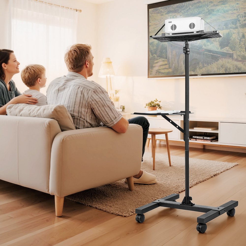 VEVOR Soporte Proyector Suelo Portátil, Altura Ajustable desde 860 a 1360 mm, con 2 Bandejas de Carga 5 kg, 360° Rotación, Compatible con Portátiles y Micrófonos, para Casa Oficina Escenario Reuniones