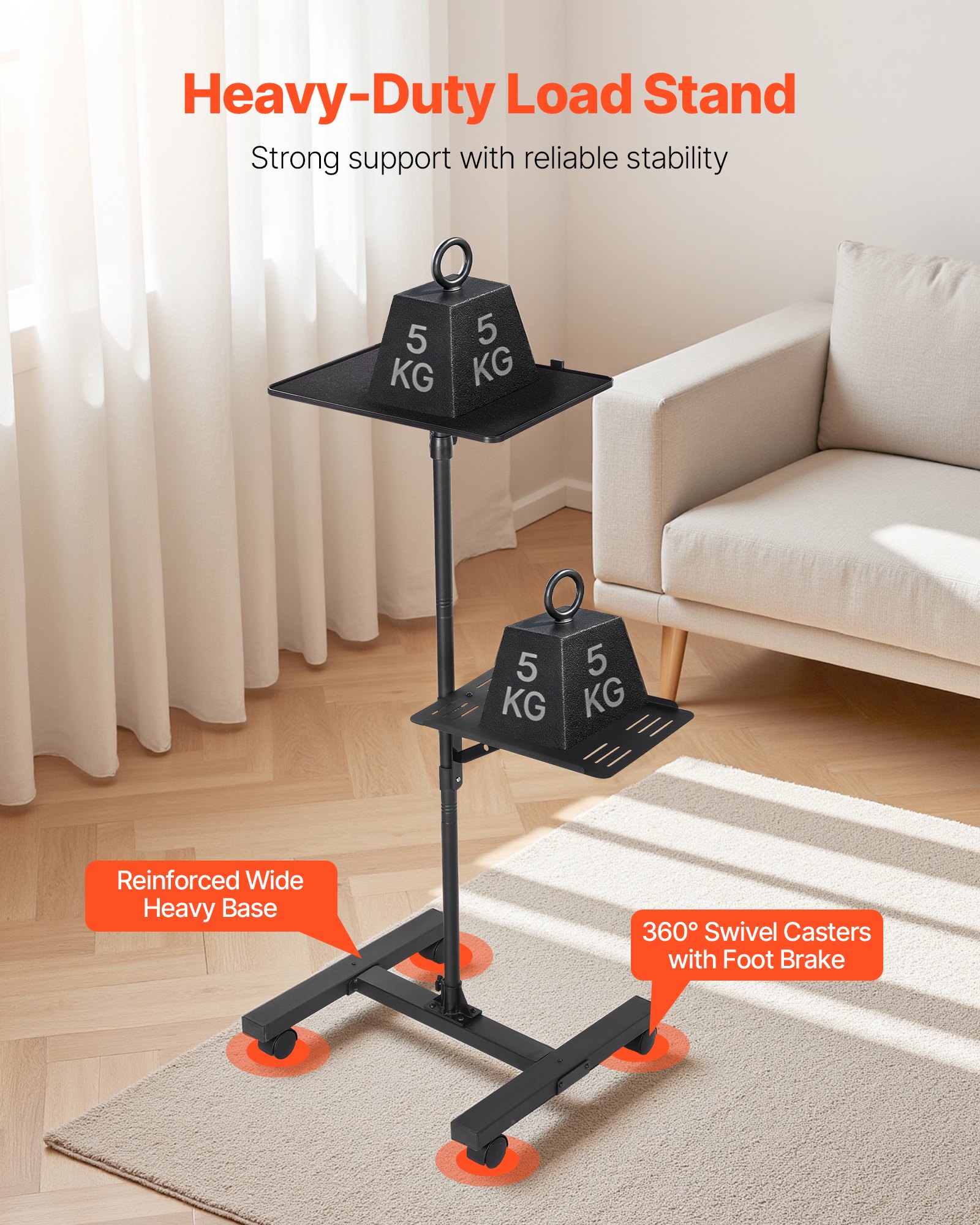VEVOR Soporte Proyector Suelo Portátil, Altura Ajustable desde 860 a 1360 mm, con 2 Bandejas de Carga 5 kg, 360° Rotación, Compatible con Portátiles y Micrófonos, para Casa Oficina Escenario Reuniones