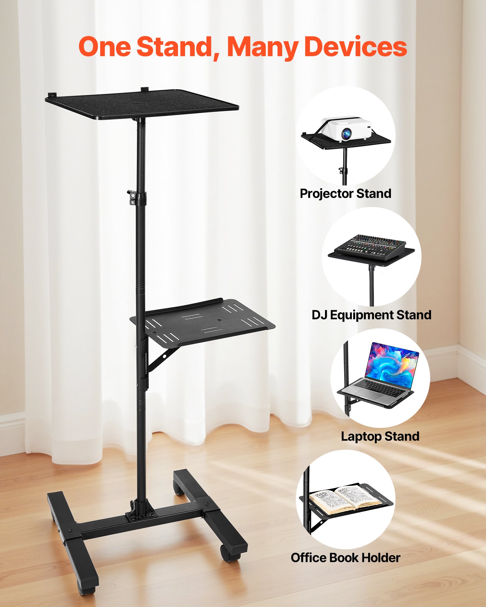 VEVOR Soporte Proyector Suelo Portátil, Altura Ajustable desde 860 a 1360 mm, con 2 Bandejas de Carga 5 kg, 360° Rotación, Compatible con Portátiles y Micrófonos, para Casa Oficina Escenario Reuniones