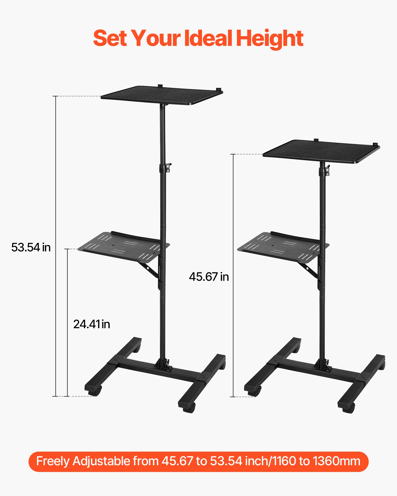 VEVOR Soporte Proyector Suelo Portátil, Altura Ajustable desde 860 a 1360 mm, con 2 Bandejas de Carga 5 kg, 360° Rotación, Compatible con Portátiles y Micrófonos, para Casa Oficina Escenario Reuniones