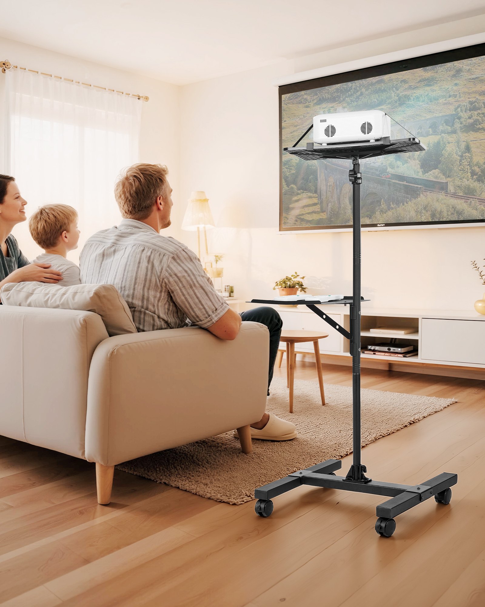 VEVOR Soporte Proyector Suelo Portátil, Altura Ajustable desde 860 a 1360 mm, con 2 Bandejas de Carga 5 kg, 360° Rotación, Compatible con Portátiles y Micrófonos, para Casa Oficina Escenario Reuniones
