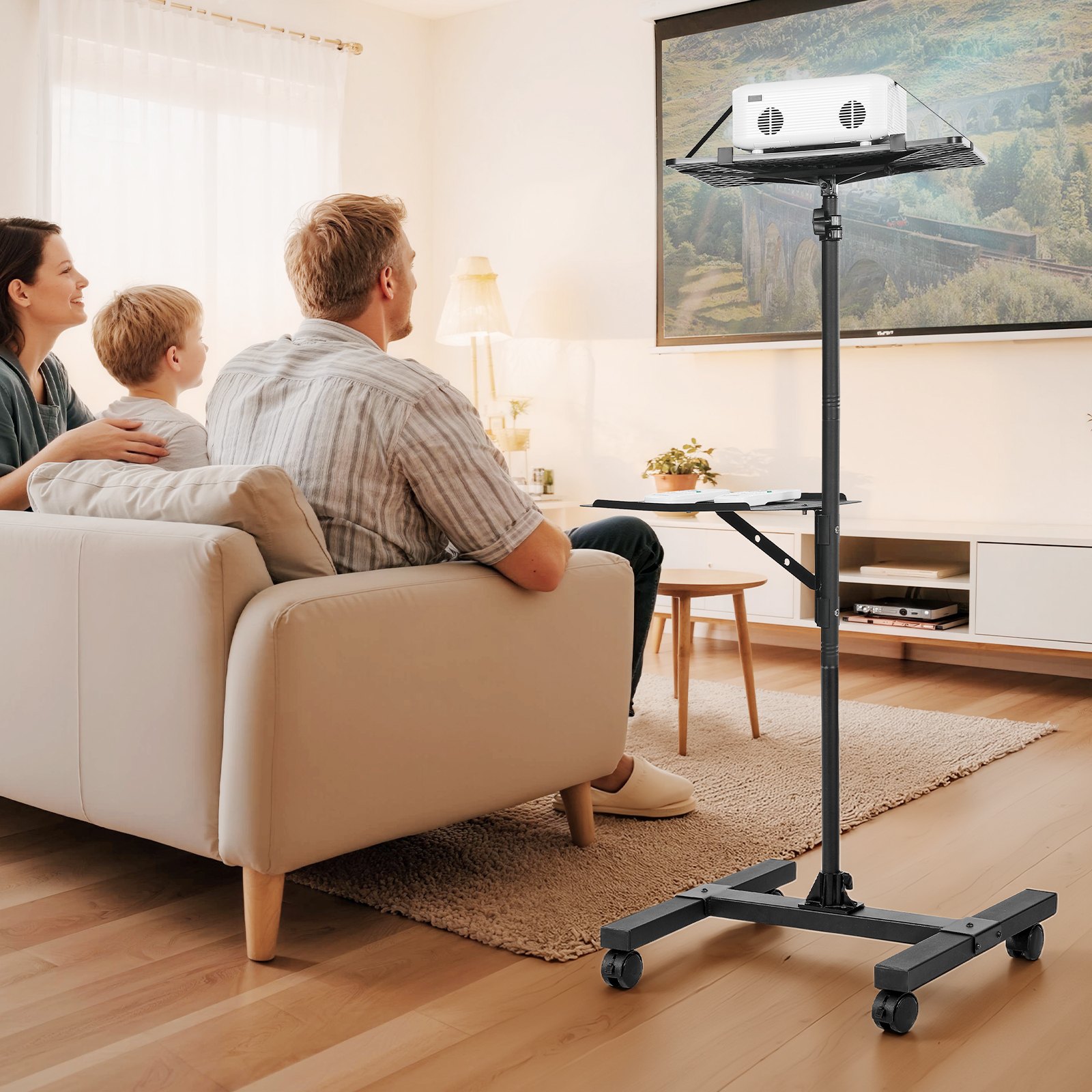 VEVOR Soporte Proyector Suelo Portátil, Altura Ajustable desde 860 a 1360 mm, con 2 Bandejas de Carga 5 kg, 360° Rotación, Compatible con Portátiles y Micrófonos, para Casa Oficina Escenario Reuniones