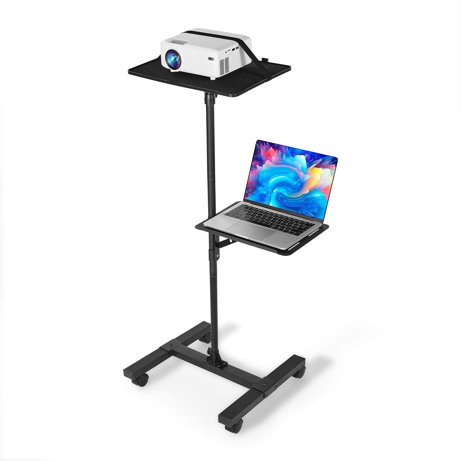 VEVOR Soporte Proyector Suelo Portátil, Altura Ajustable desde 860 a 1360 mm, con 2 Bandejas de Carga 5 kg, 360° Rotación, Compatible con Portátiles y Micrófonos, para Casa Oficina Escenario Reuniones
