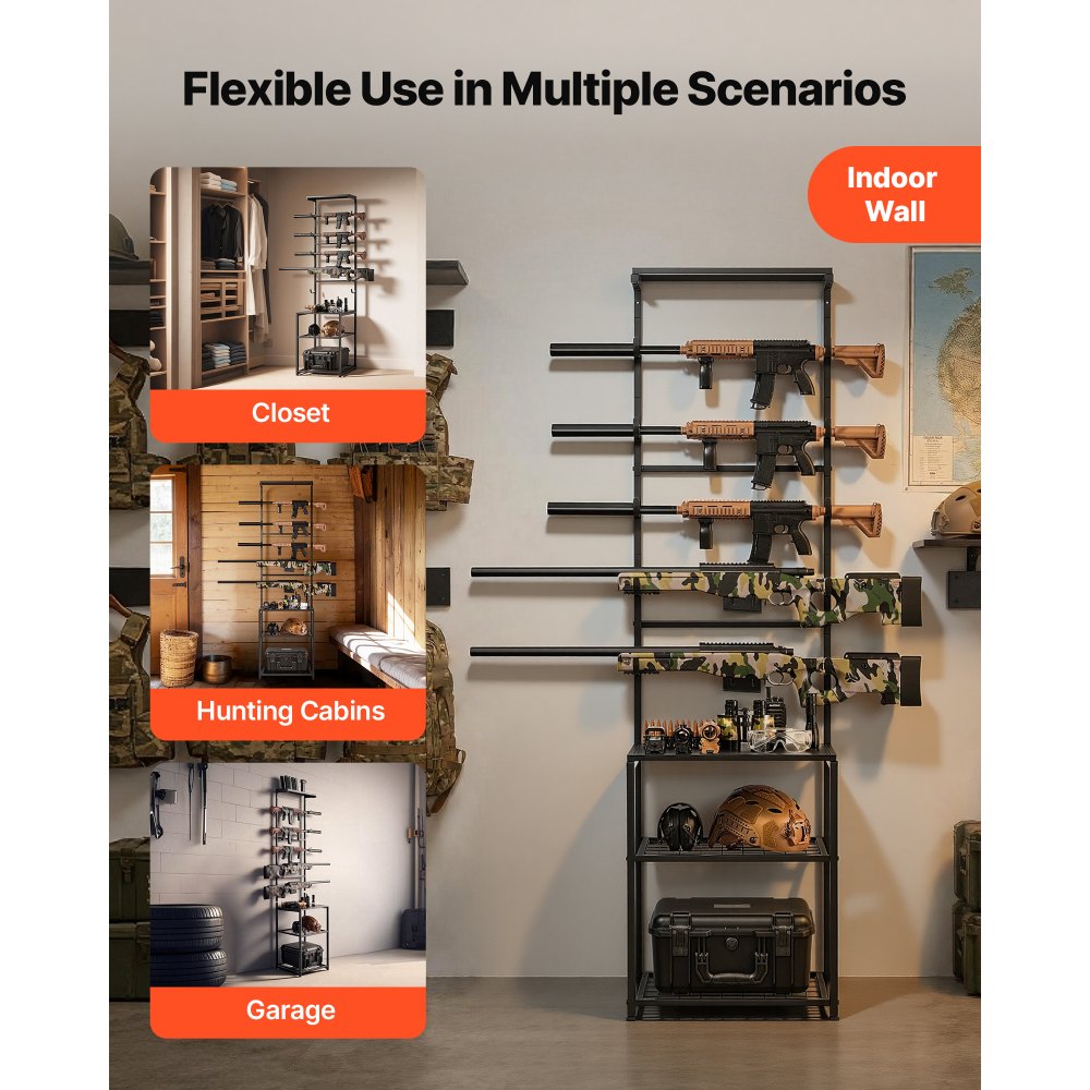 VEVOR Soporte de Almacenamiento para Armas de Fuego, Capacidad de 5 Escopetas, Estantería para Armas de Interior, con Estantes Inferiores y Superior, Acero al Carbono, para Exhibición Garaje Taller
