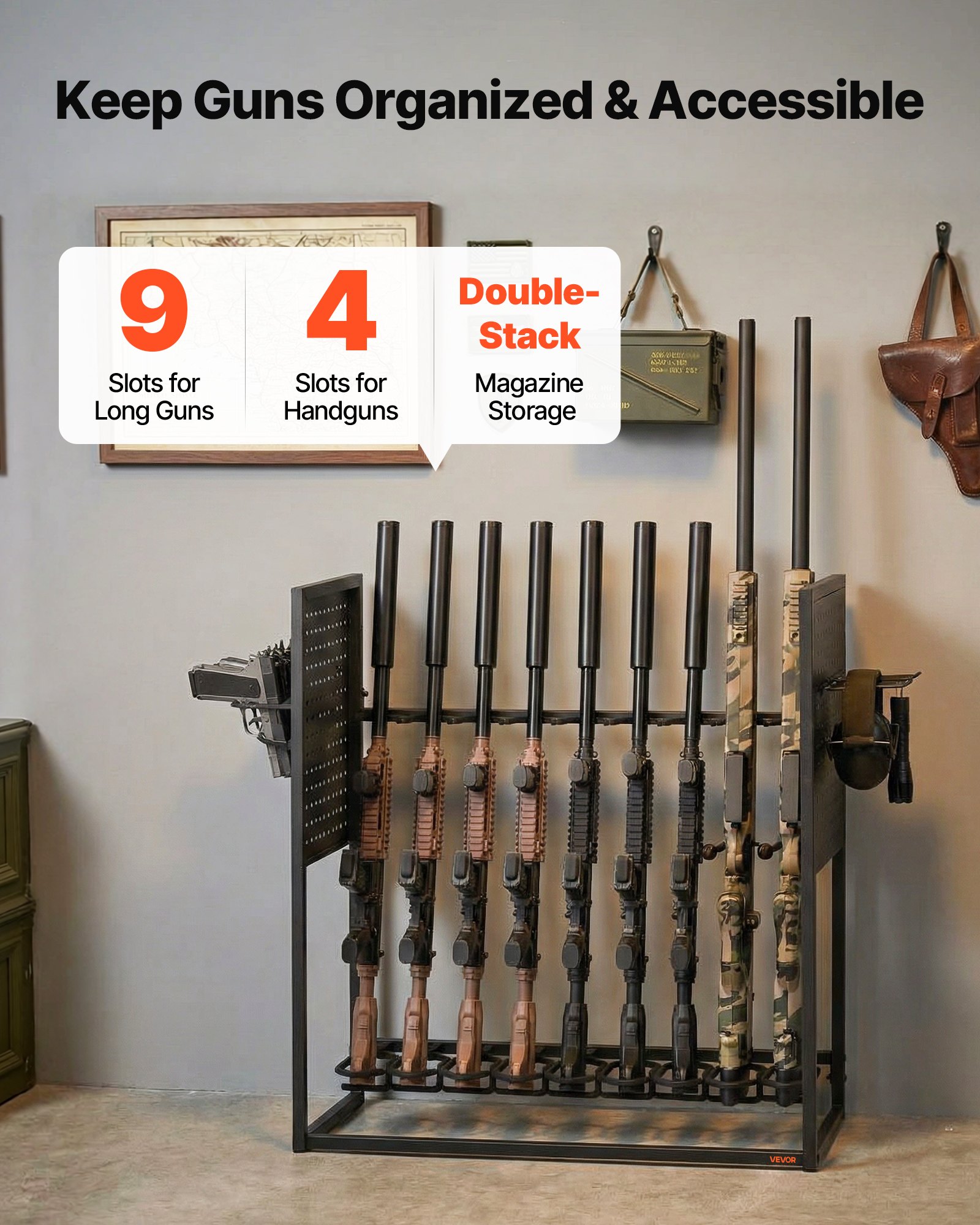 VEVOR Soporte de Almacenamiento para Armas de Fuego, Estante de Armas de Interior, Capacidad de 9 Escopetas y 4 Pistolas, con Tablero Perforado para Ganchos Ajustables, para Exhibición Garaje Taller