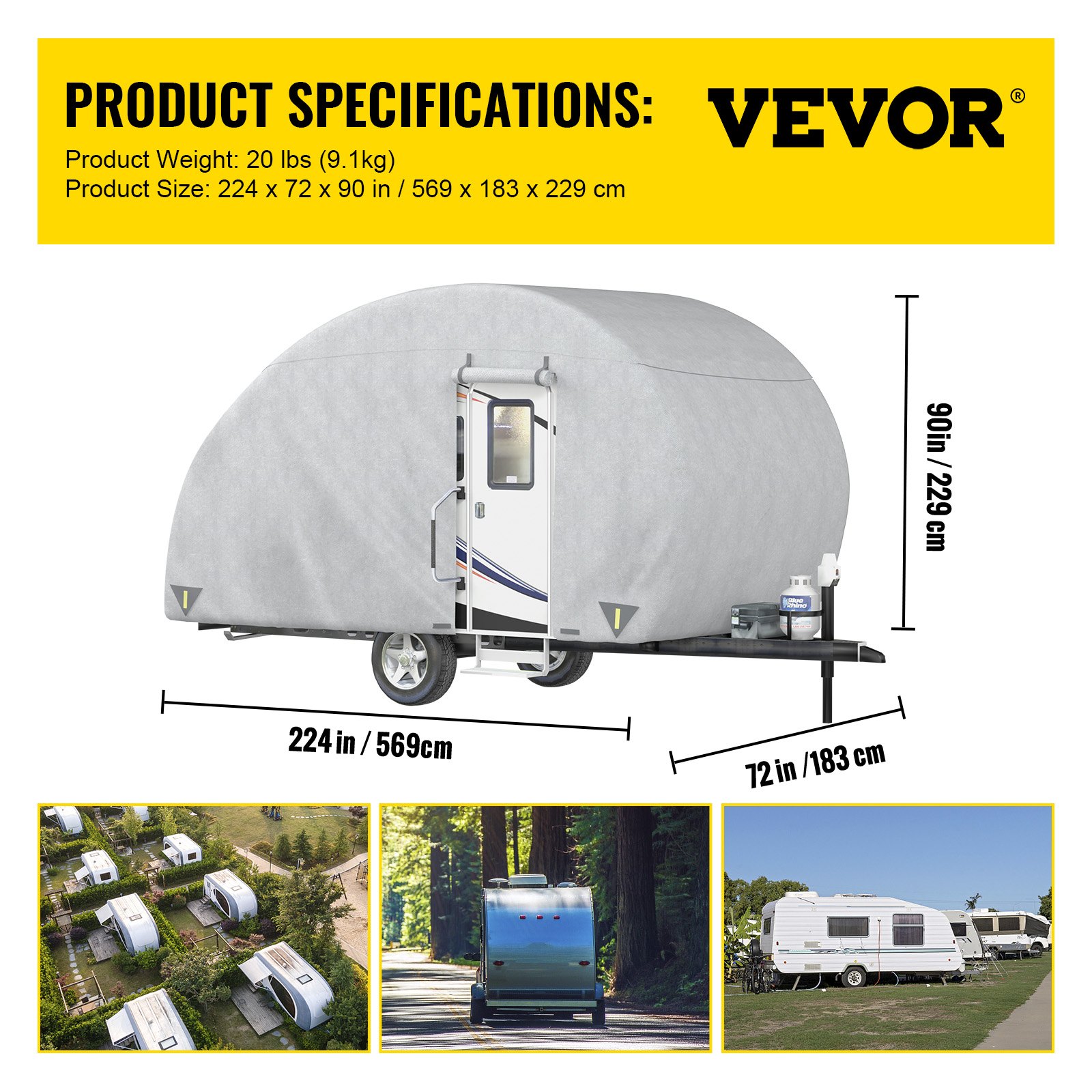 VEVOR Cubierta para Remolque de Caravana 569 x 183 x 229 cm Cubierta Impermeable Cubierta de Remolque 18-20 pies Cubierta Funda Protectora Universal para Caravanas Remolque de Cabezal de Caravana