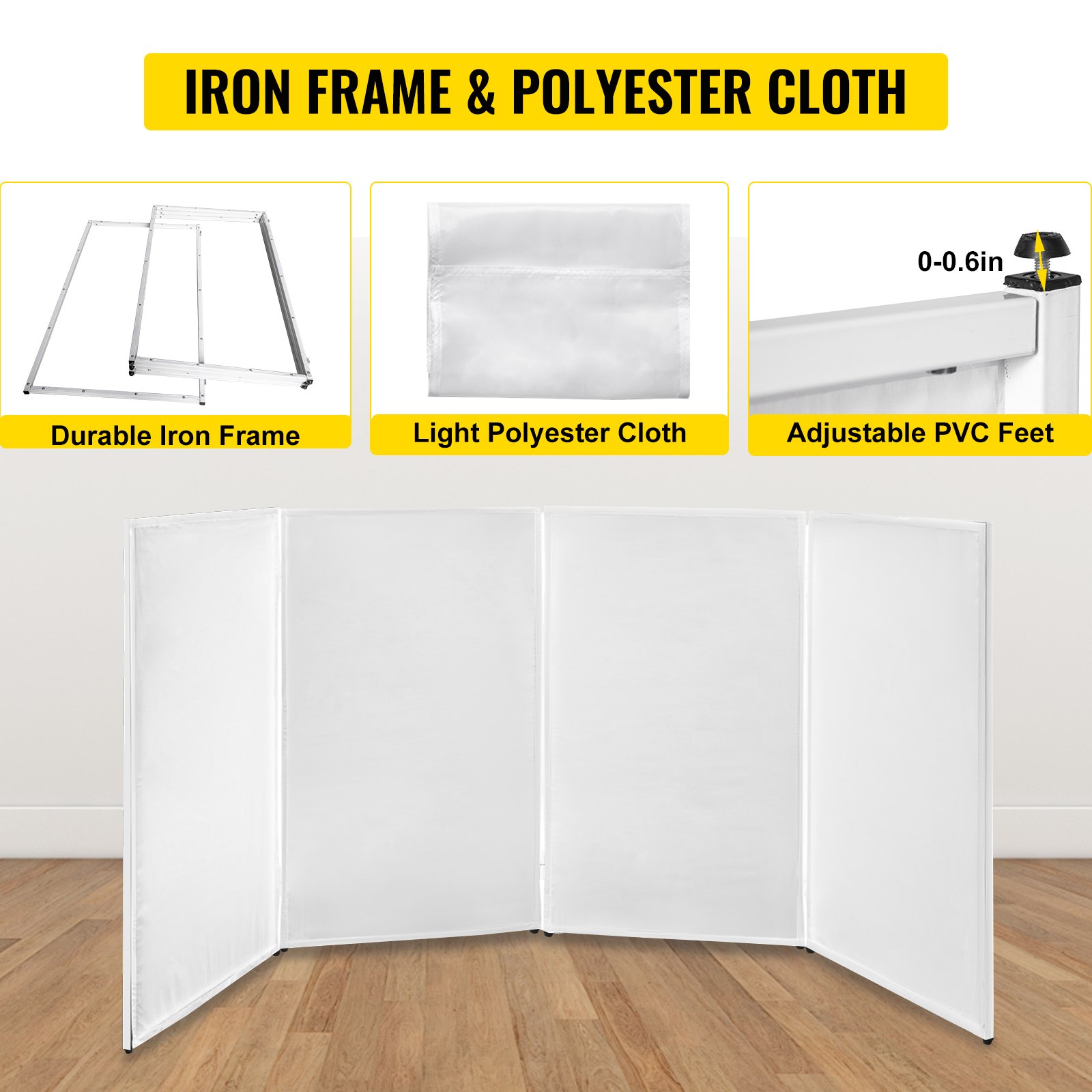 VEVOR Cabina de DJ 282 x 2 x 110 cm Cabina DJ Plegable de Suelo Marco de Hierro Blanco Cabina Portátil DJ Tela de Poliéster Cabina Iluminada DJ 4 Paneles Pantalla para Cabina de DJ con Bolsa de Viaje