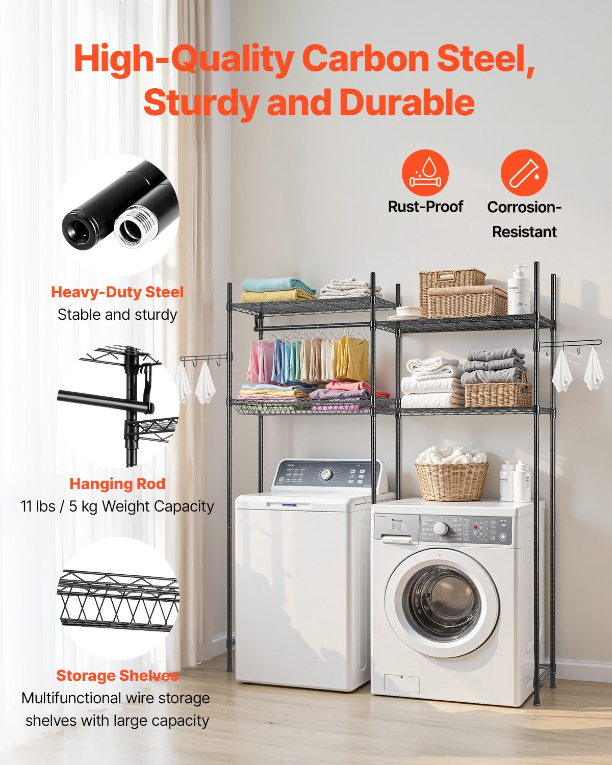 VEVOR Storage Shelving for Washing Machine & Dryer, 4-Tier Clothes Rack with Clothes Rail and Hooks, Double-Row Adjustable Washing Machine Shelves, for Storage and Organization, Black