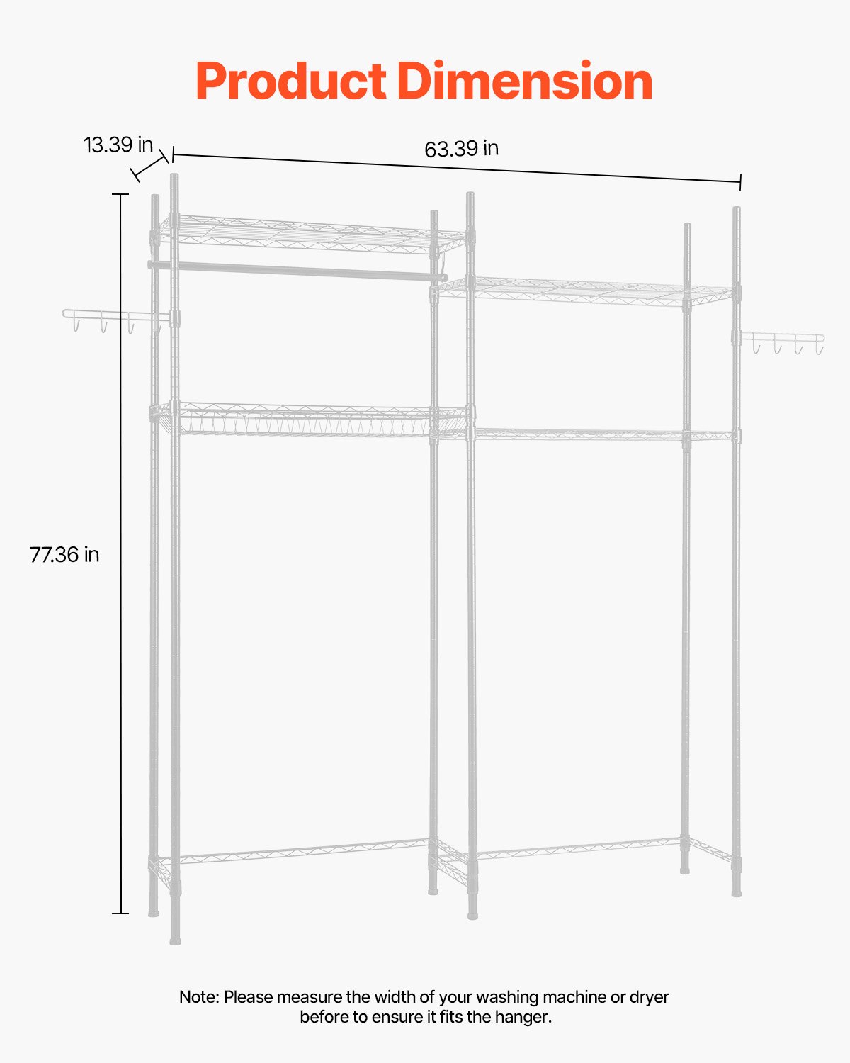 VEVOR Storage Shelving for Washing Machine and Dryer, 4-Tier Clothes Rack with Clothes Rail and Hooks, Double-Row Adjustable Washing Machine Shelves, for Storage and Organization, White