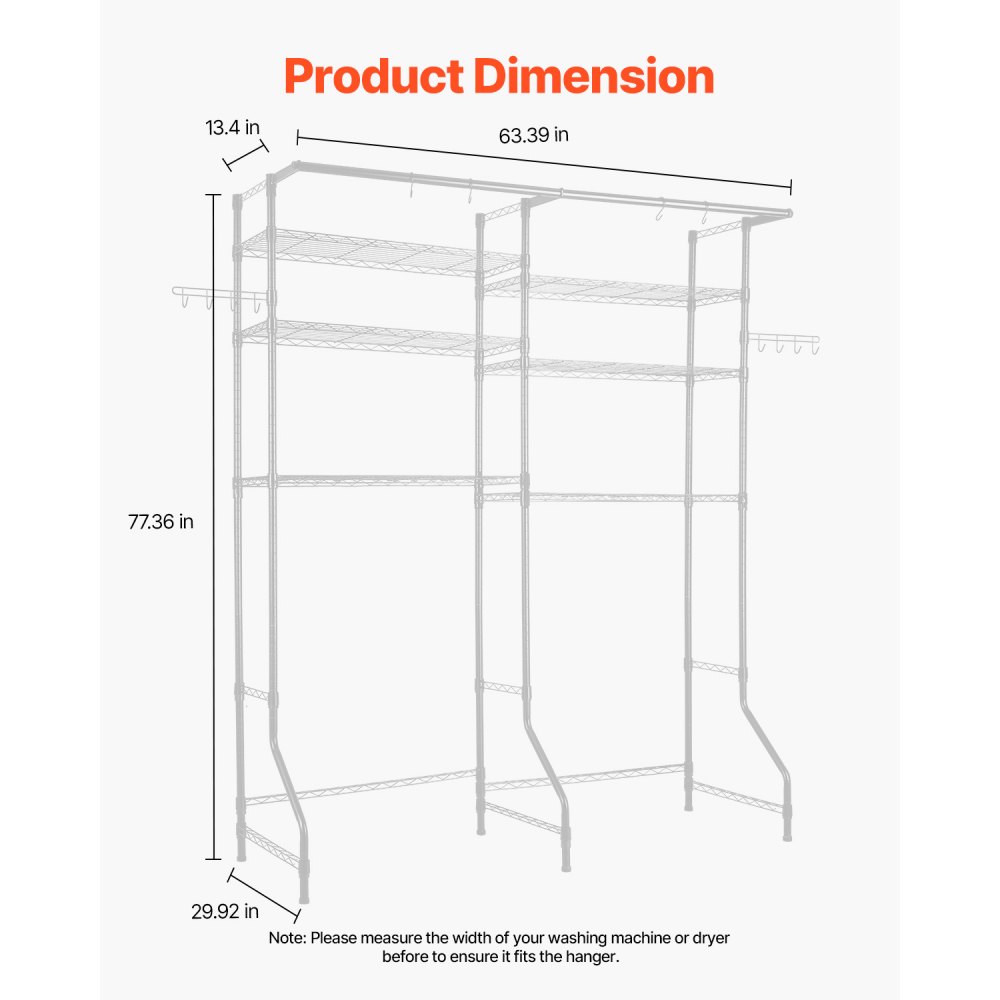 VEVOR Storage Shelving for Washing Machine and Dryer, 6-Tier Clothes Rack with Clothes Rail & Hooks, Double-Row & Adjustable Washing Machine Shelves for Storage and Organization, White