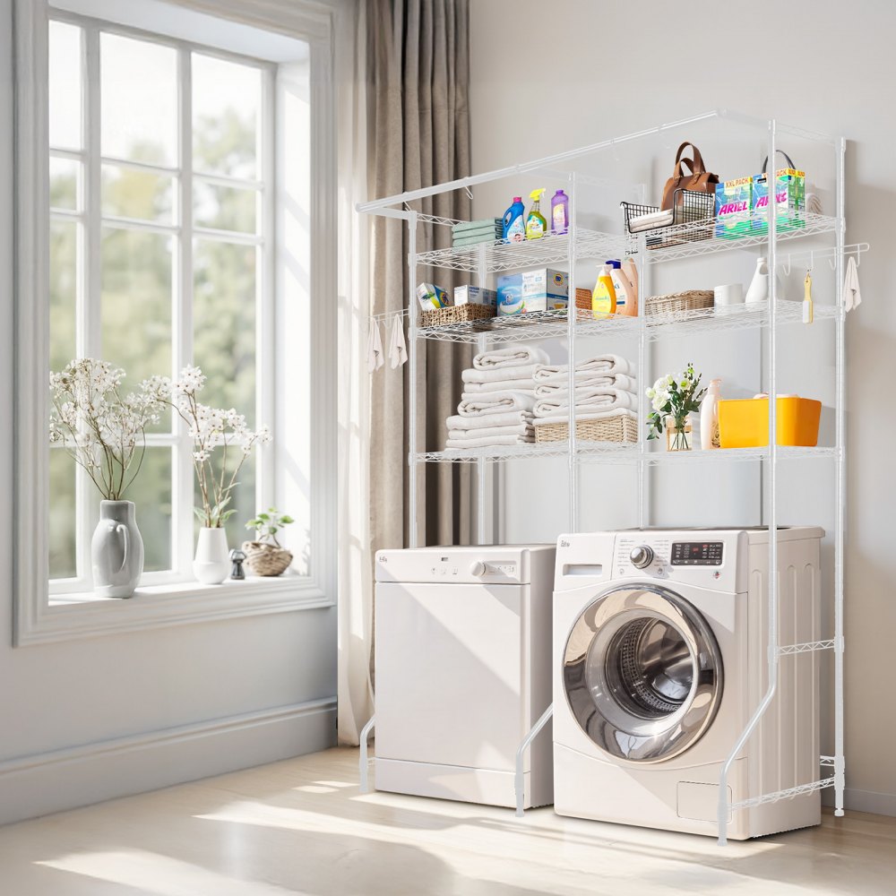 VEVOR Storage Shelving for Washing Machine and Dryer, 6-Tier Clothes Rack with Clothes Rail & Hooks, Double-Row & Adjustable Washing Machine Shelves for Storage and Organization, White