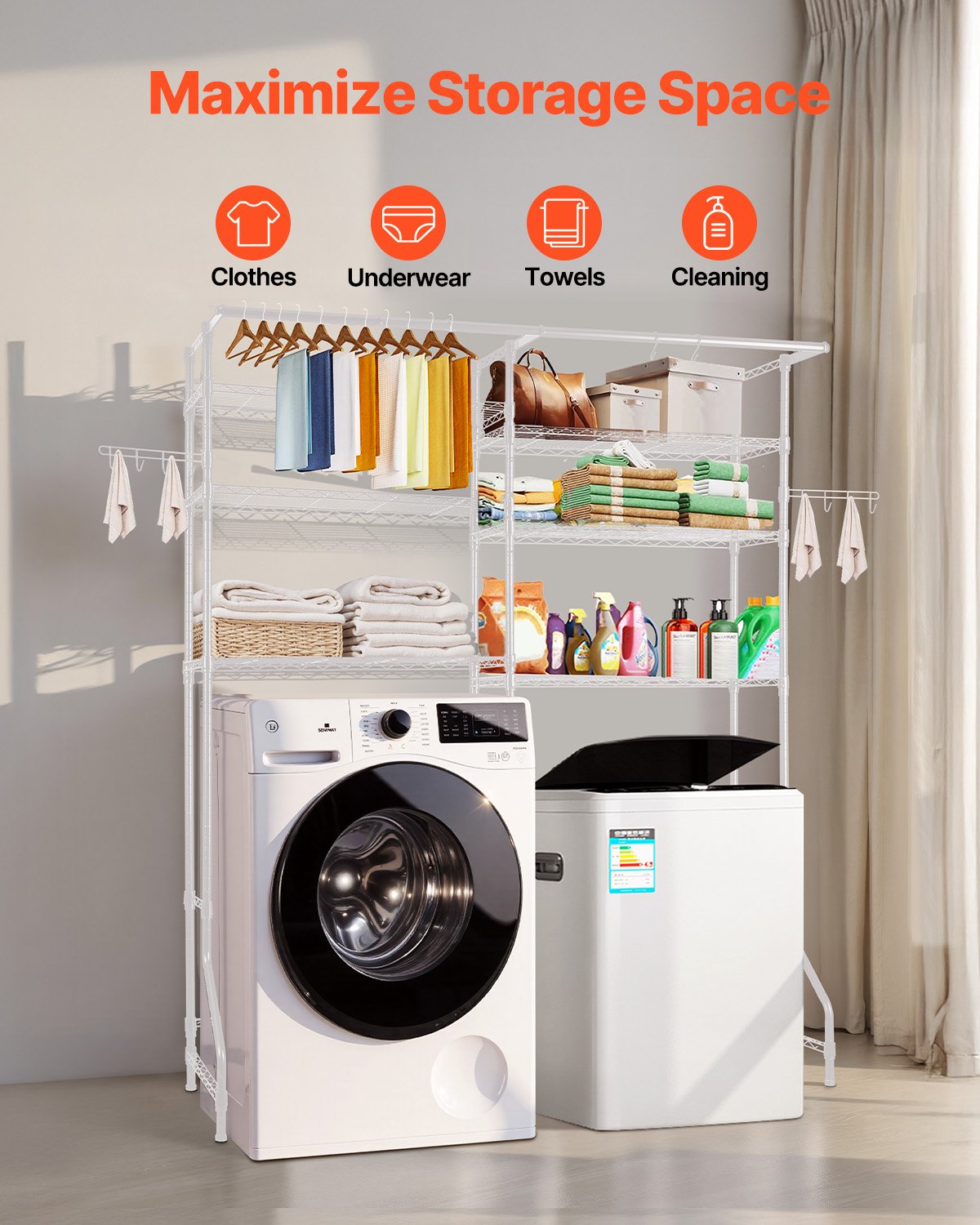 VEVOR Storage Shelving for Washing Machine and Dryer, 6-Tier Clothes Rack with Clothes Rail & Hooks, Double-Row & Adjustable Washing Machine Shelves for Storage and Organization, White