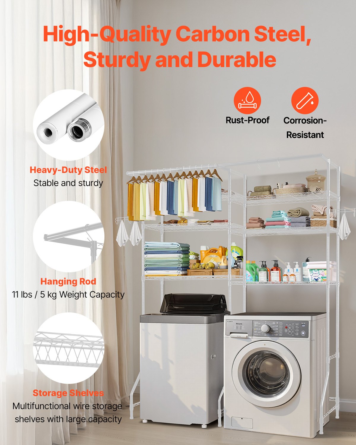 VEVOR Storage Shelving for Washing Machine and Dryer, 6-Tier Clothes Rack with Clothes Rail & Hooks, Double-Row & Adjustable Washing Machine Shelves for Storage and Organization, White