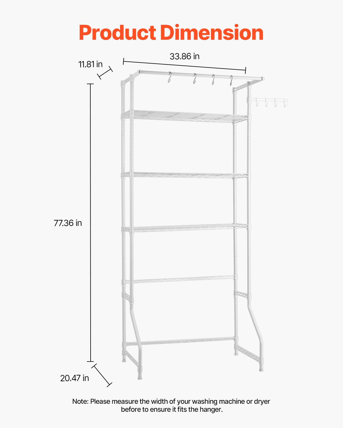 VEVOR Storage Rack for Washing Machine and Dryer, 3-Tier Clothes Rack with Clothes Rail and Hooks, Single-Row Adjustable Washing Machine Shelves, for Storage and Organization, White