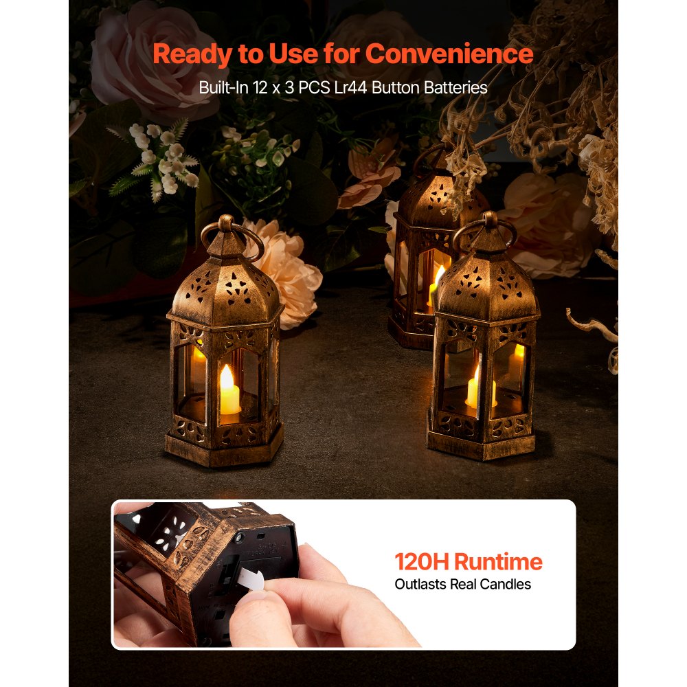 VEVOR Faroles Decorativos para Velas, Velas LED Eléctricas sin Llama, Soporte de Plástico con Cristal, en la Pared, para Porches, Mesas de Boda, Fiestas, Color Bronce, 65 x 65 x 128 mm, 12 uds
